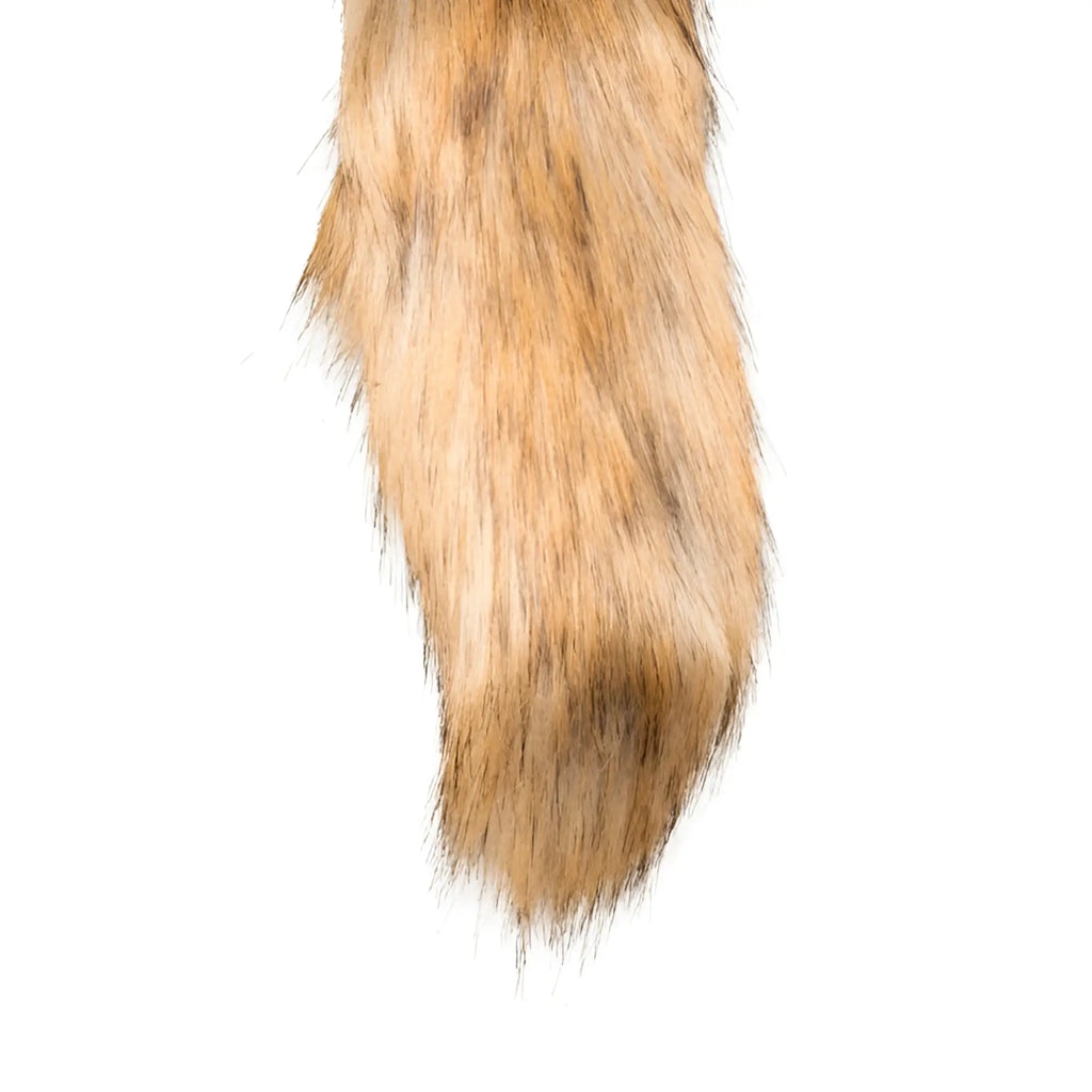 A plush tan and brown faux fur fox tail with soft dense texture from fetish collection no 2 silver plug