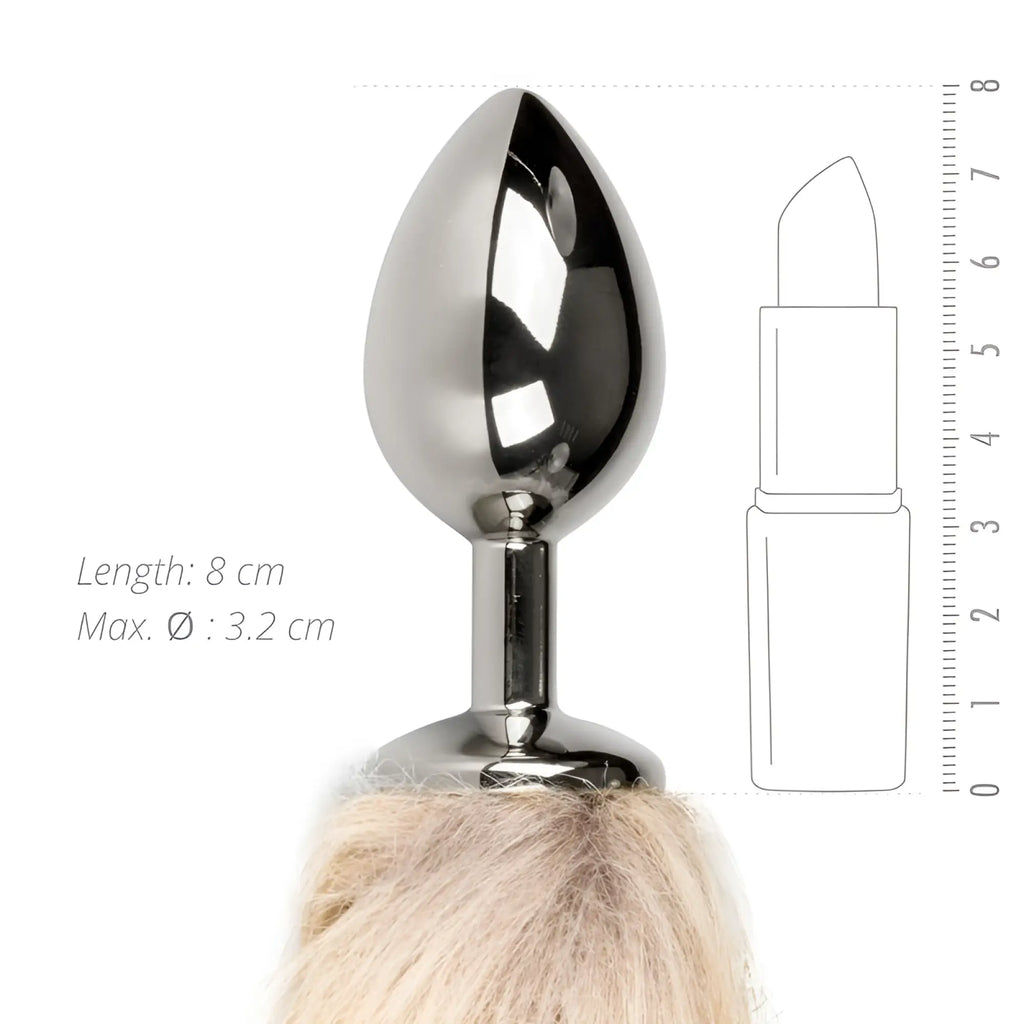 Shiny silver metallic anal plug with rounded teardrop head and beige faux fur base from fetish collection fox tail no 2