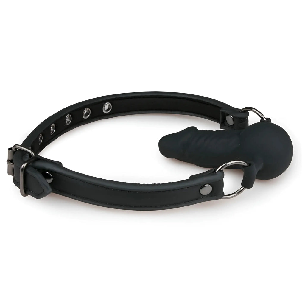 Black leather collar with attached silicone mouth gag featuring a silicone dong from fetish collection