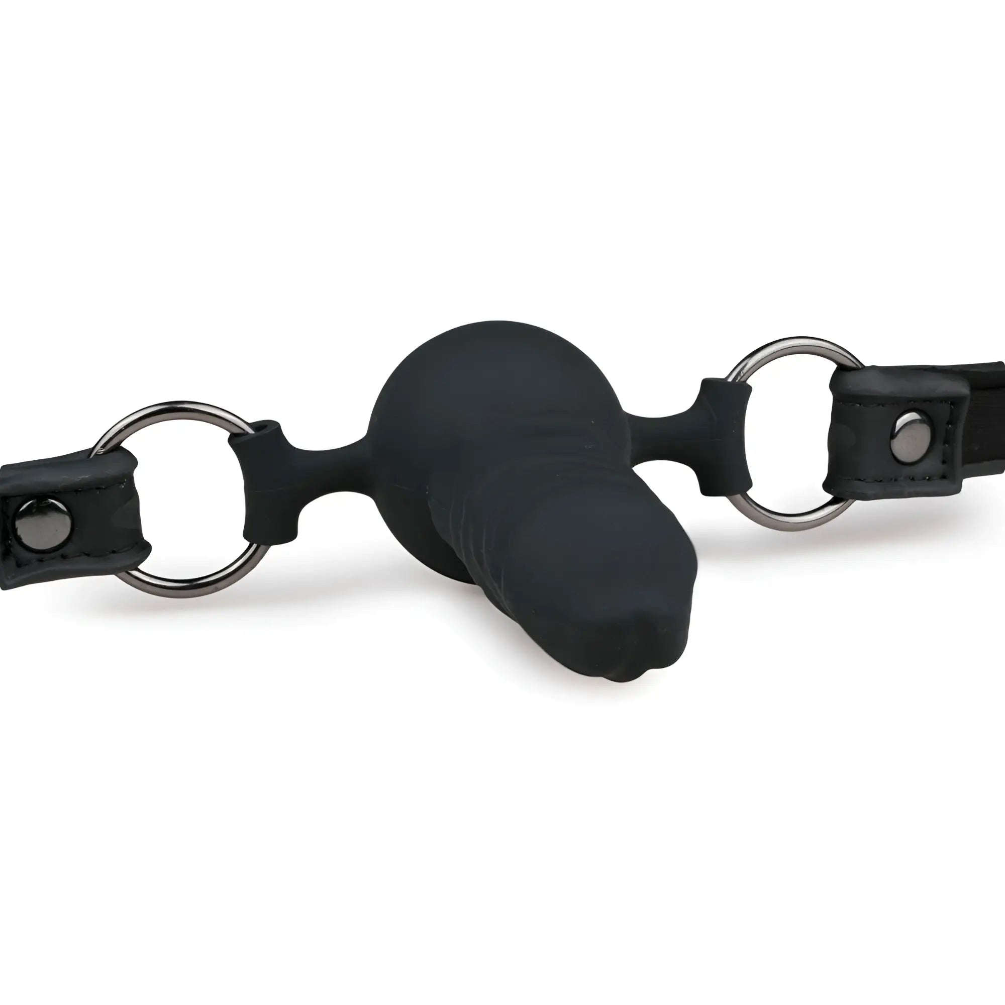 Black silicone gag with metal rings and leather straps from fetish collection featuring a silicone dong