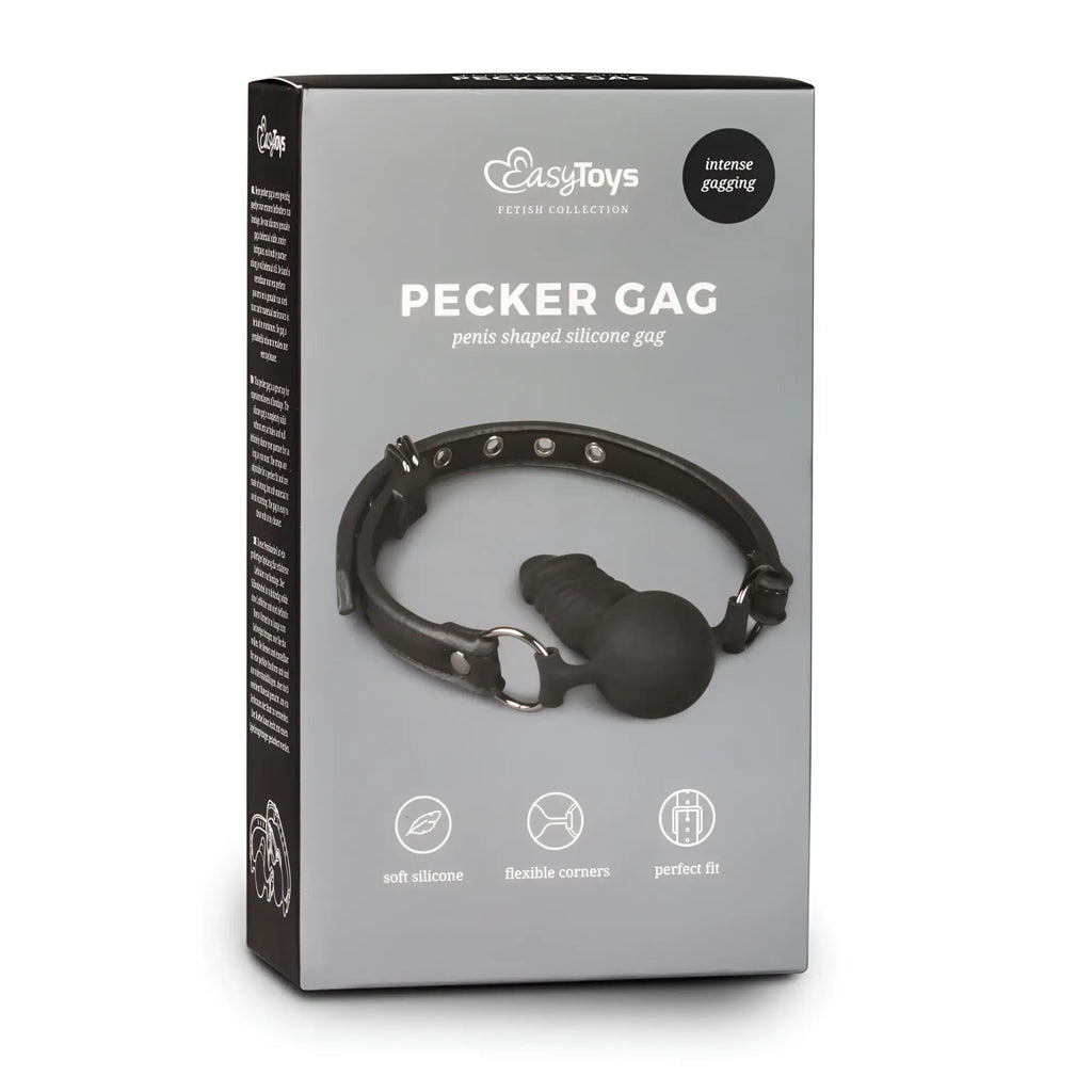 Black silicone pecker gag with ring and adjustable strap from fetish collection featuring a silicone dong design