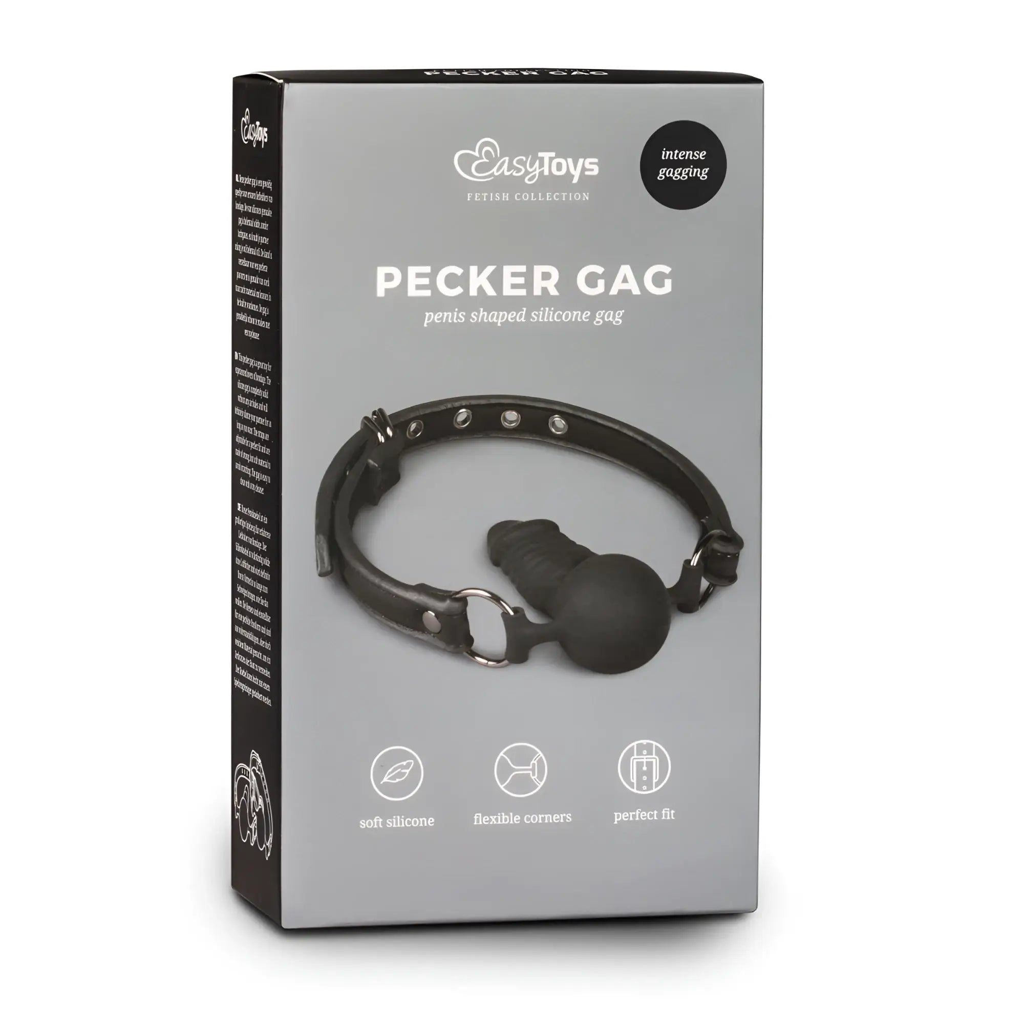 Black silicone pecker gag with ring and adjustable strap from fetish collection featuring a silicone dong design