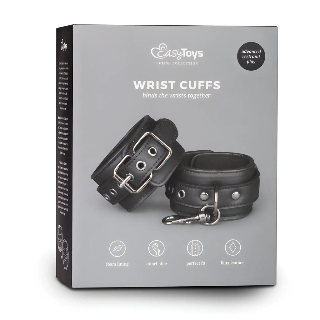 Black faux leather wrist cuffs with silver metal buckles and keychain from fetish collection handcuffs black product