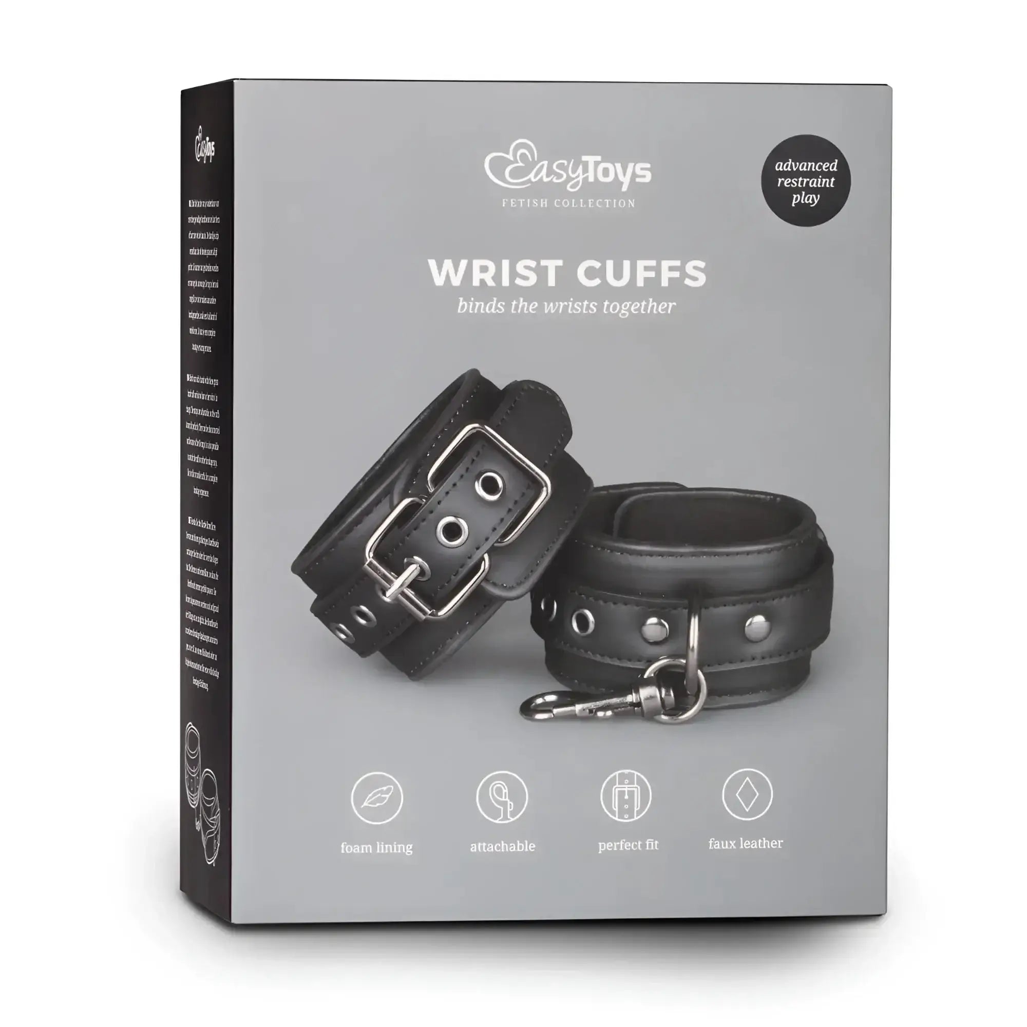 Black faux leather wrist cuffs with silver metal buckles and keychain from fetish collection handcuffs black product