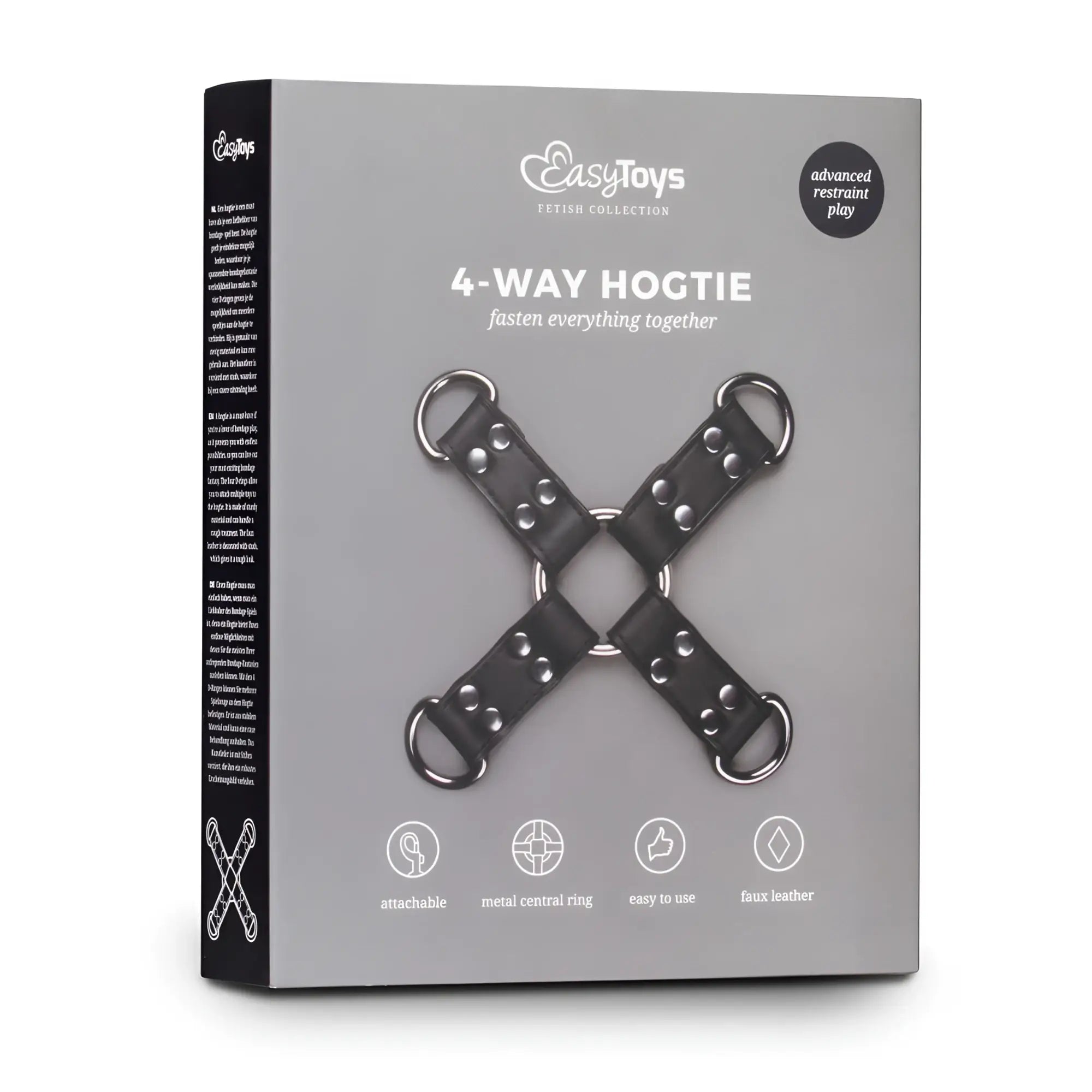 Black faux leather 4-way hogtie with silver metal rings and studs from fetish collection hogtie black product