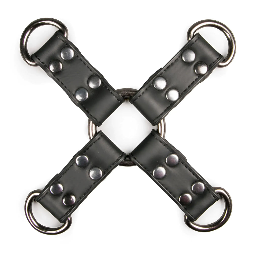 Black leather x-shaped restraint strap with silver studs and rings from fetish collection hogtie black