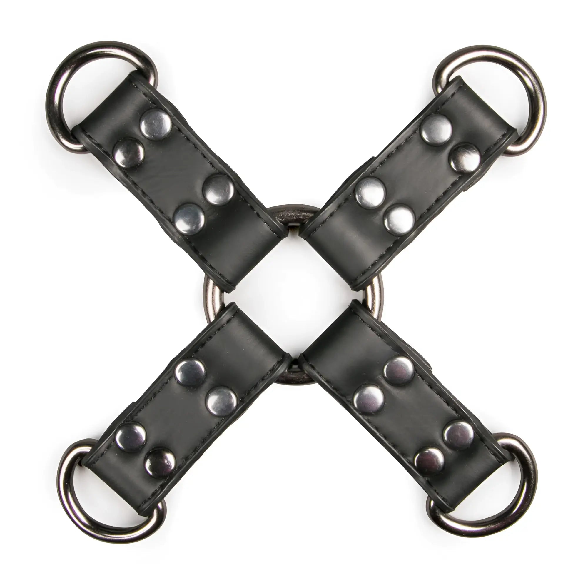 Black leather x-shaped restraint strap with silver studs and rings from fetish collection hogtie black