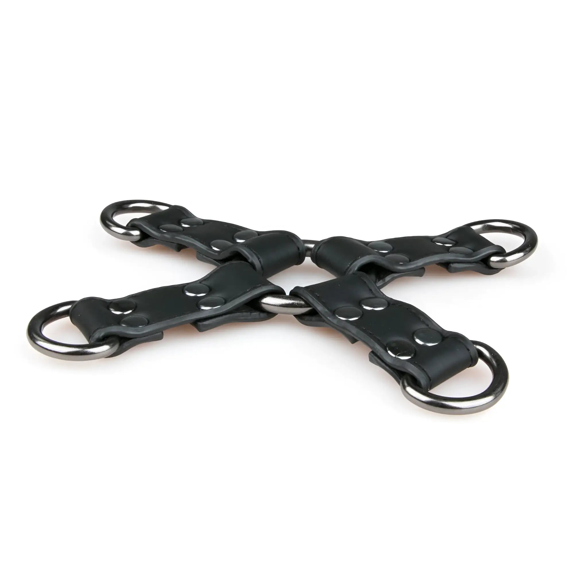 Black leather x-shaped restraint strap with silver metal rings and rivets from fetish collection hogtie black
