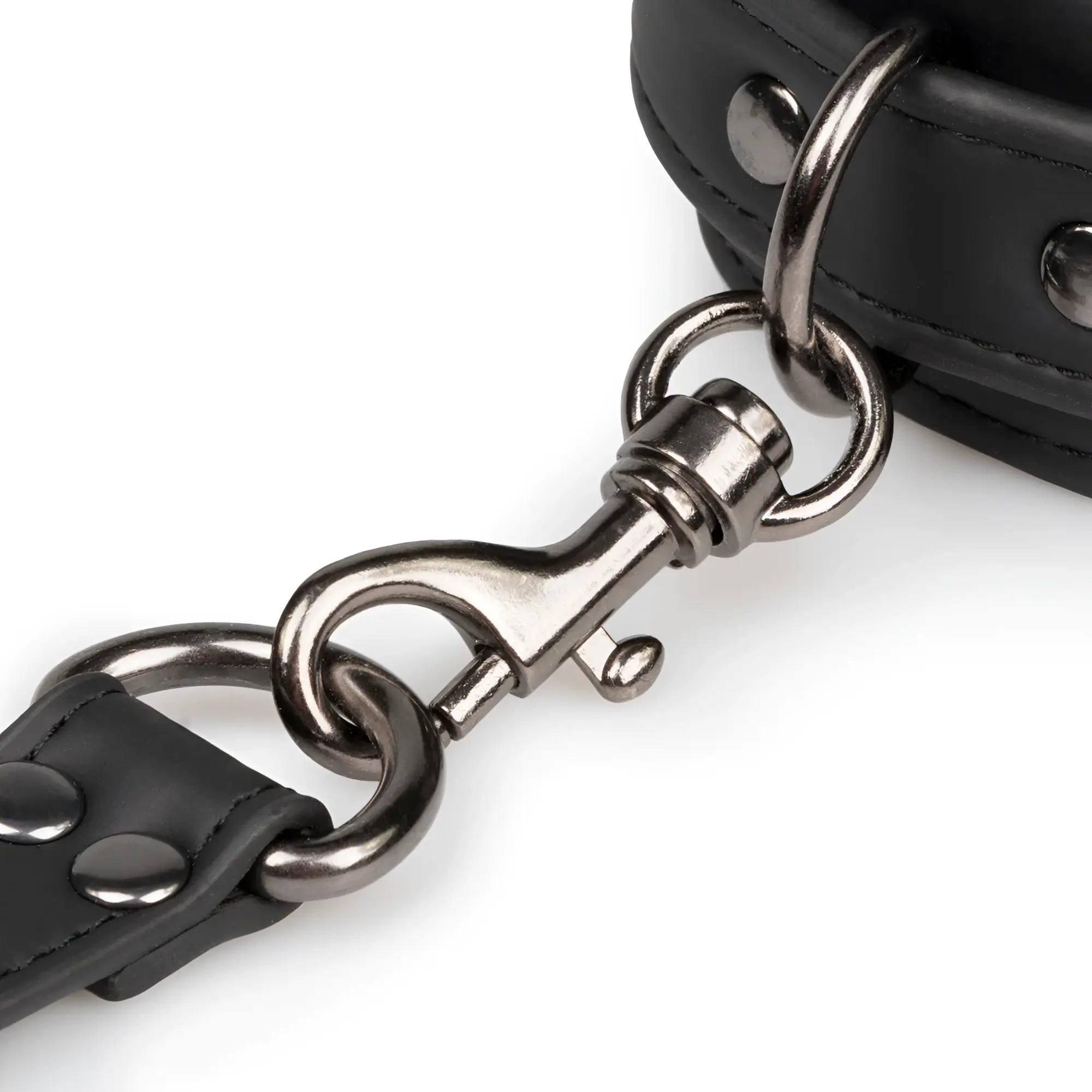 Fetish collection hogtie with black leather collar featuring silver-toned metal hardware and sturdy snap hook