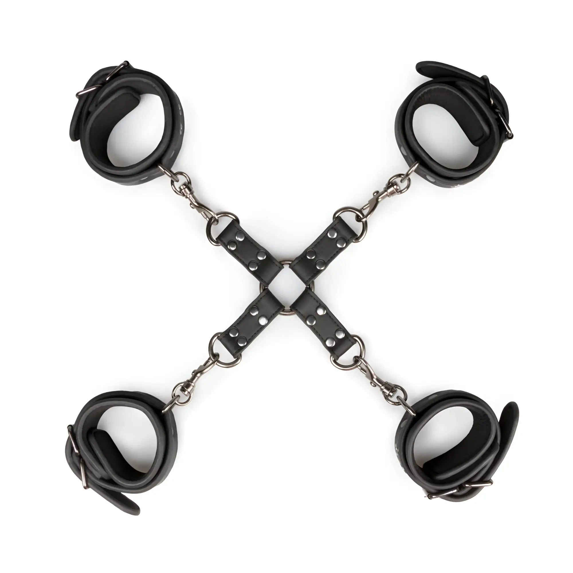 Black leather handcuffs with silver metal chains arranged in a cross for fetish collection hogtie use