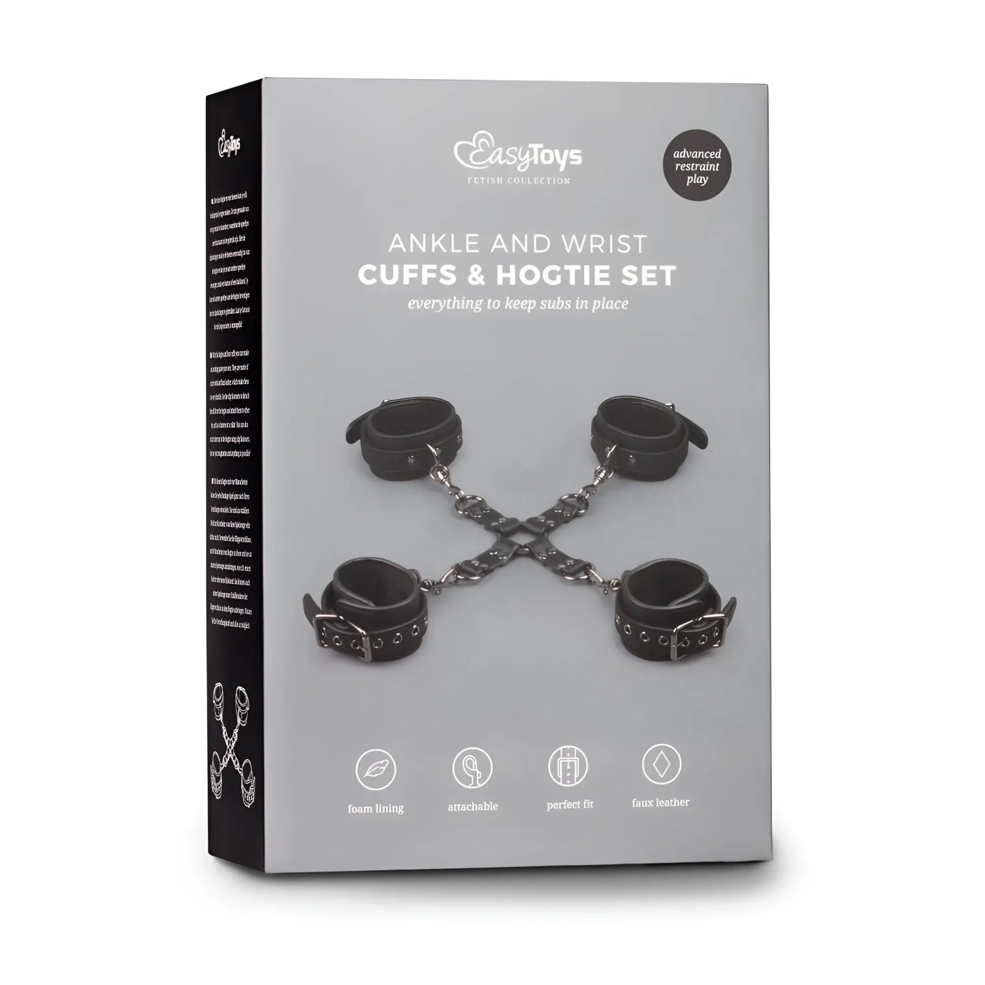 Black leather ankle and wrist cuffs with metal chains in a gray box from easytoys petina collection fetish hogtie set