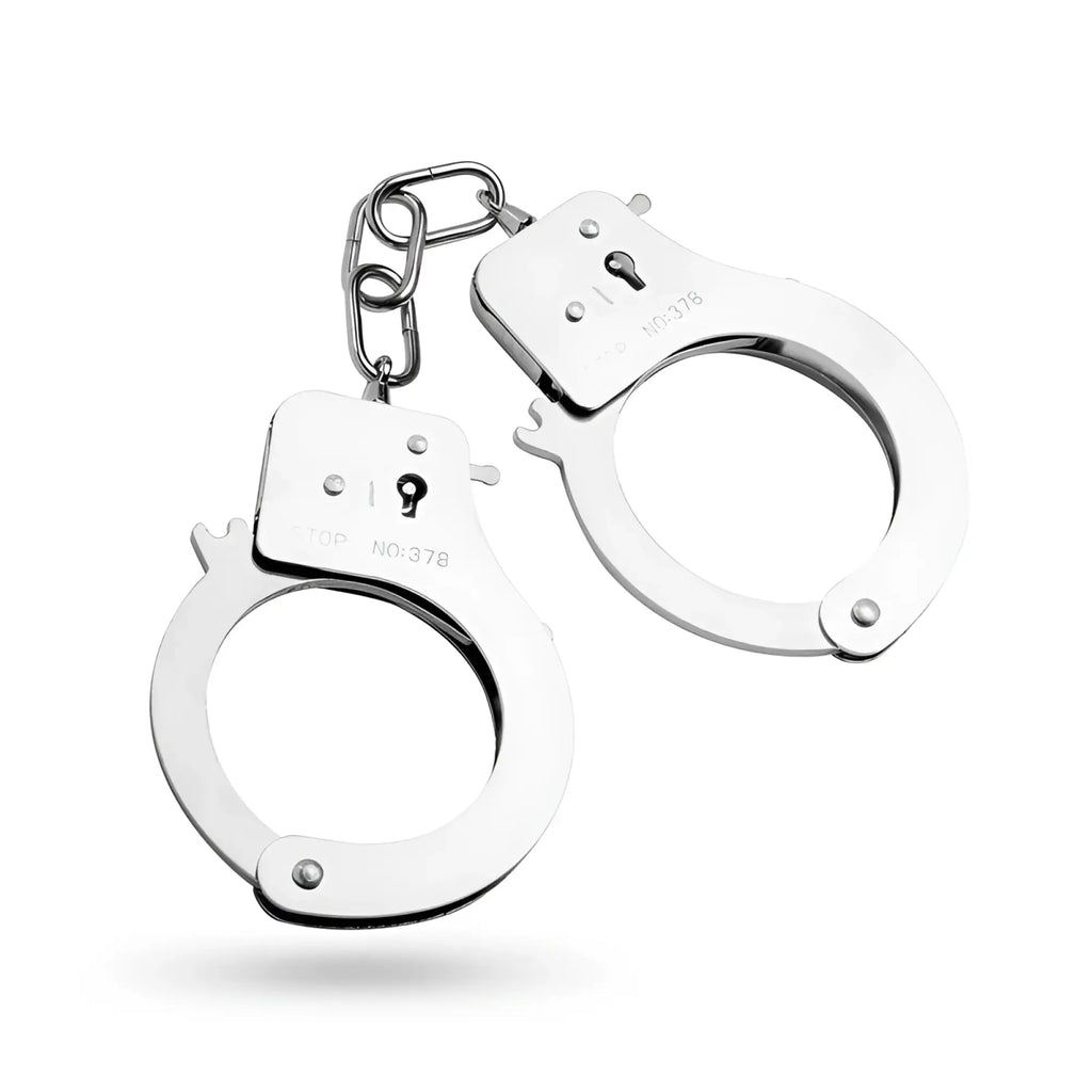 Shiny silver metal handcuffs with chain link from fetish collection metal cuffs silver for restraint play