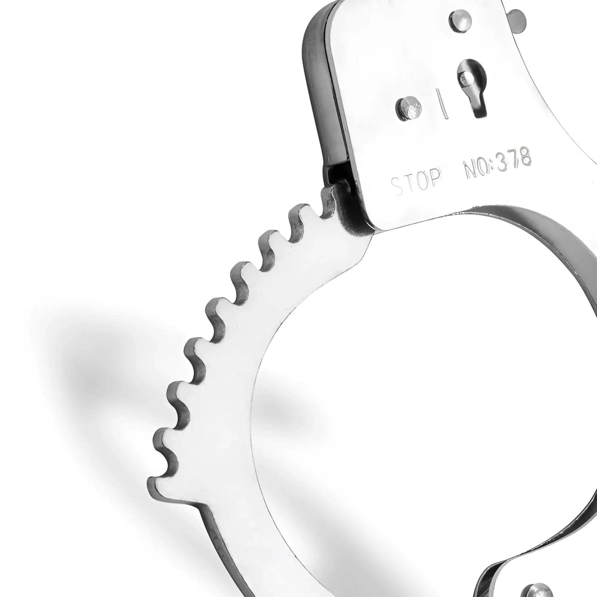 Shiny silver metal handcuffs with keyhole and engraved serial number from fetish collection metal cuffs silver