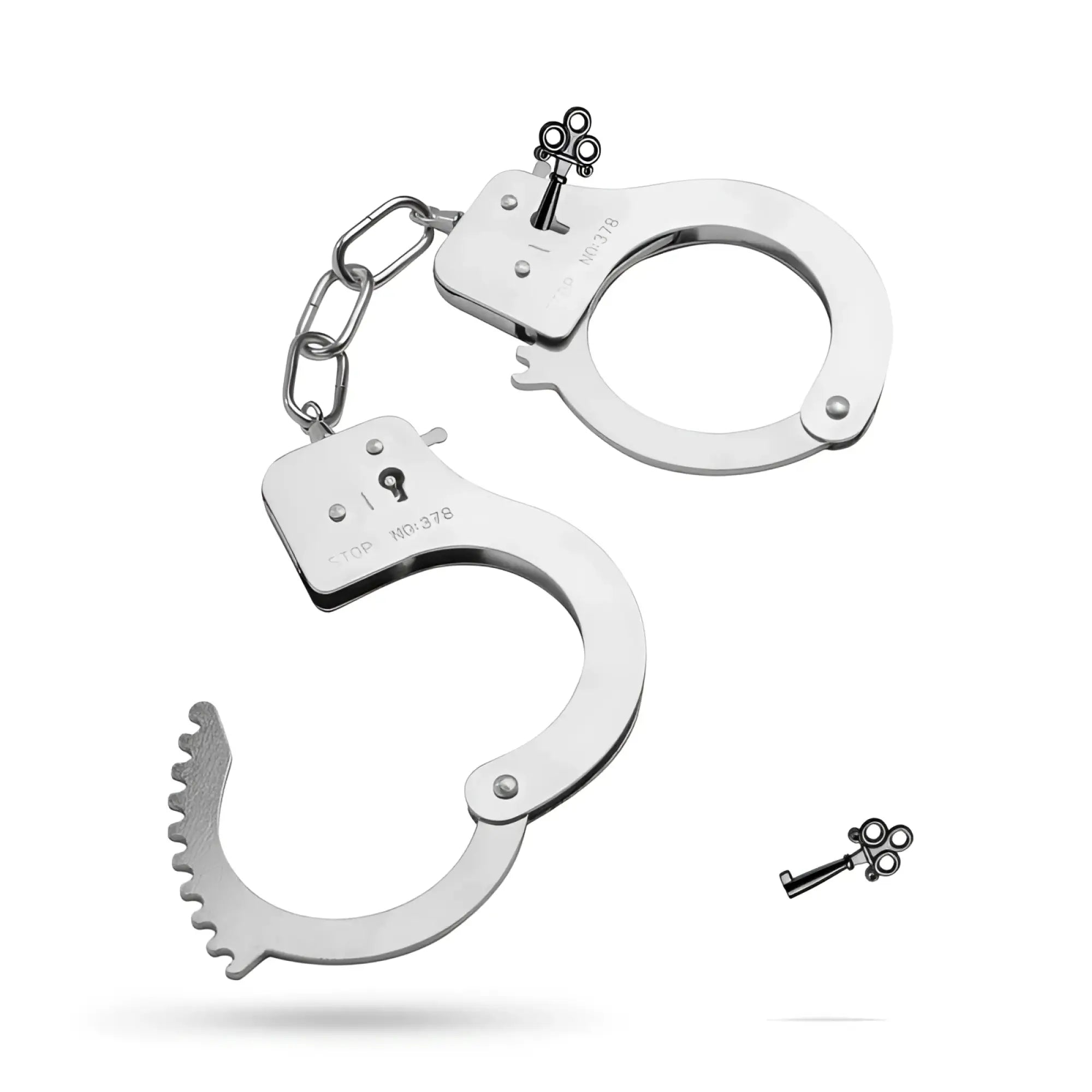 Stainless steel fetish collection metal cuffs silver with chain and two matching keys featuring sleek metallic finish