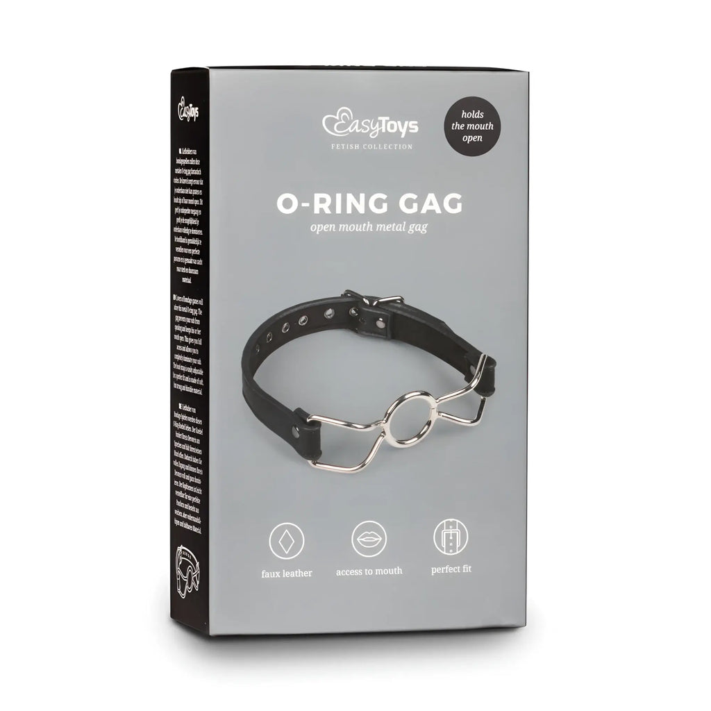 Black faux leather o-ring mouth gag with silver metal ring and adjustable strap from fetish collection metal o-ring gag