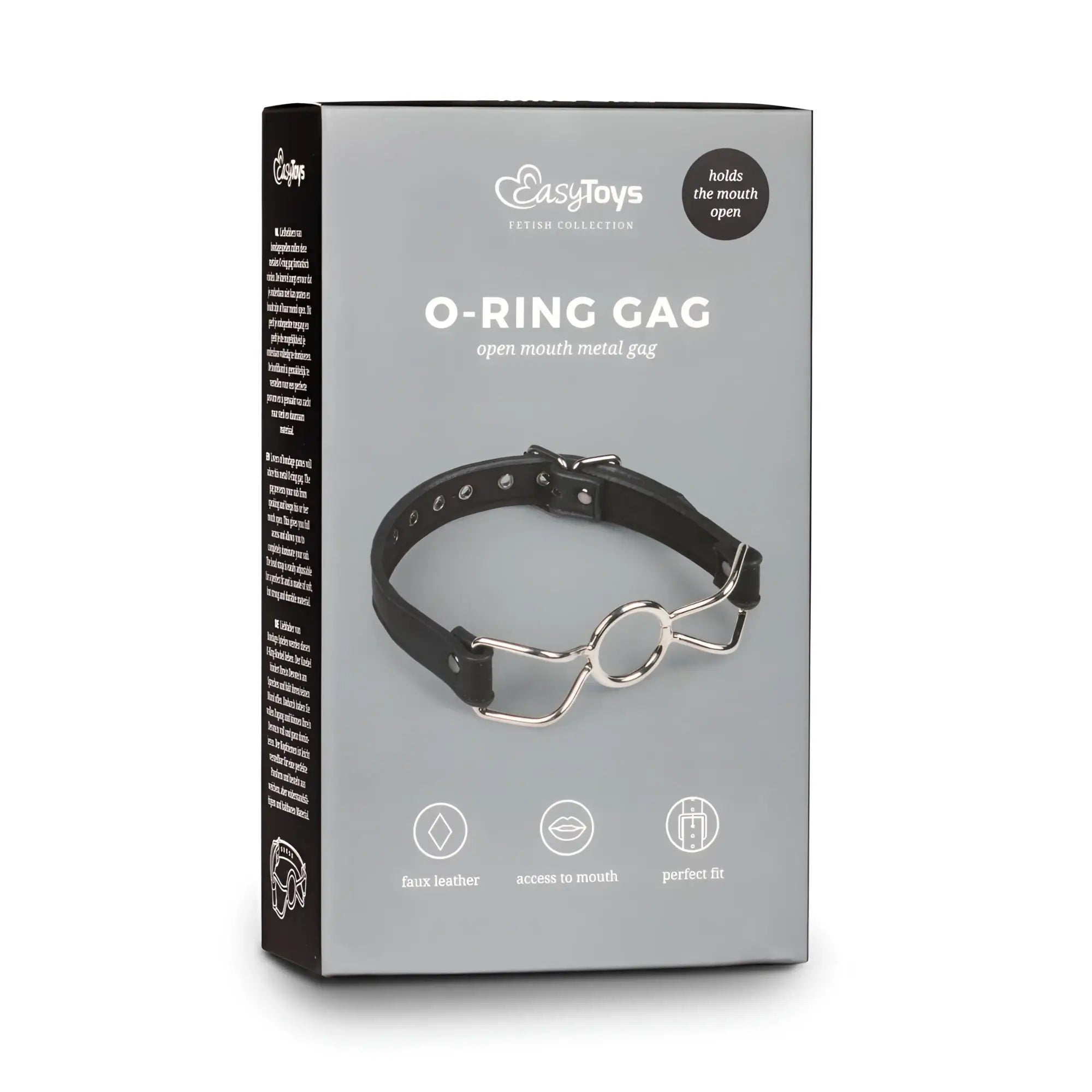 Black faux leather o-ring mouth gag with silver metal ring and adjustable strap from fetish collection metal o-ring gag