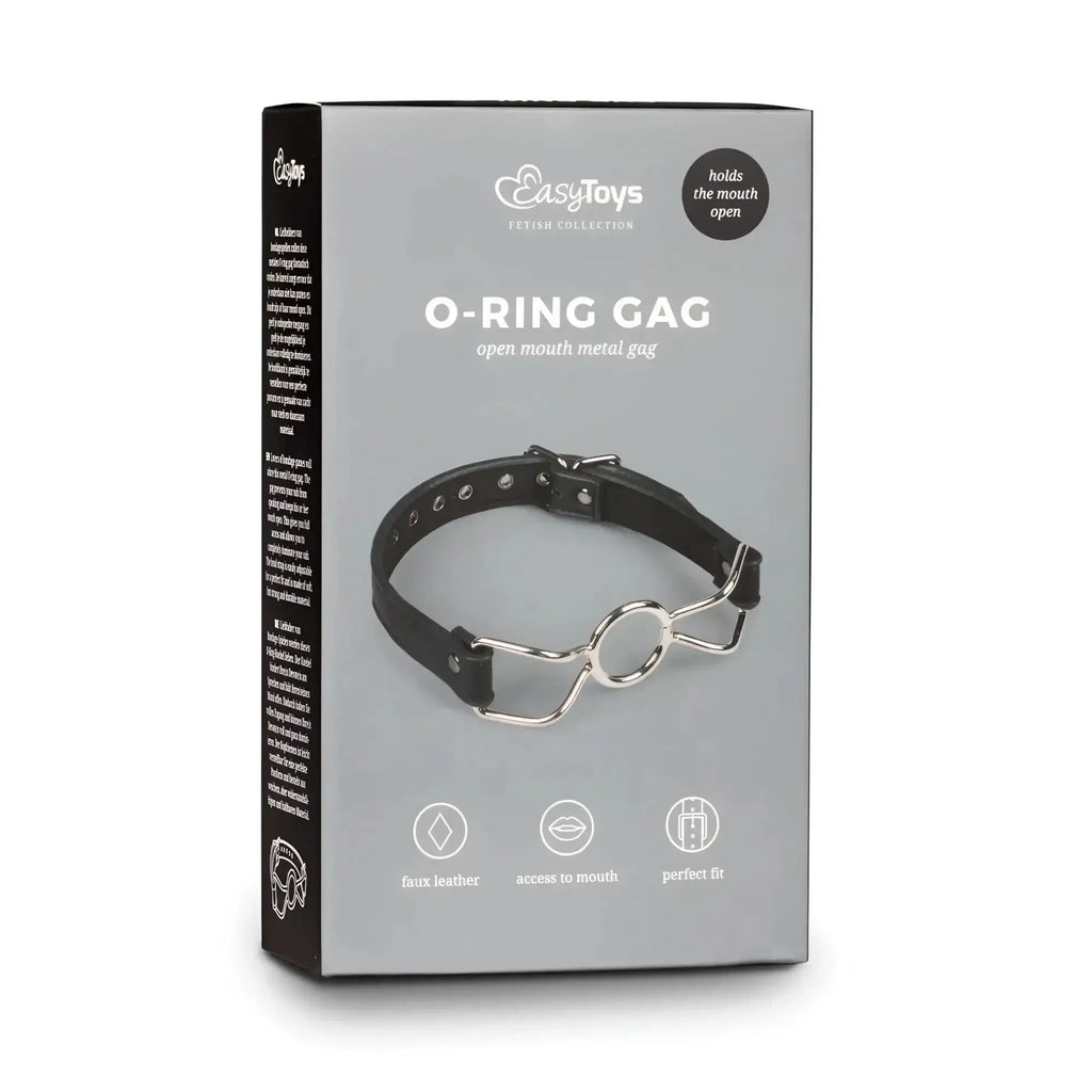 Black faux leather o-ring mouth gag with silver metal ring and adjustable strap from fetish collection metal o-ring gag