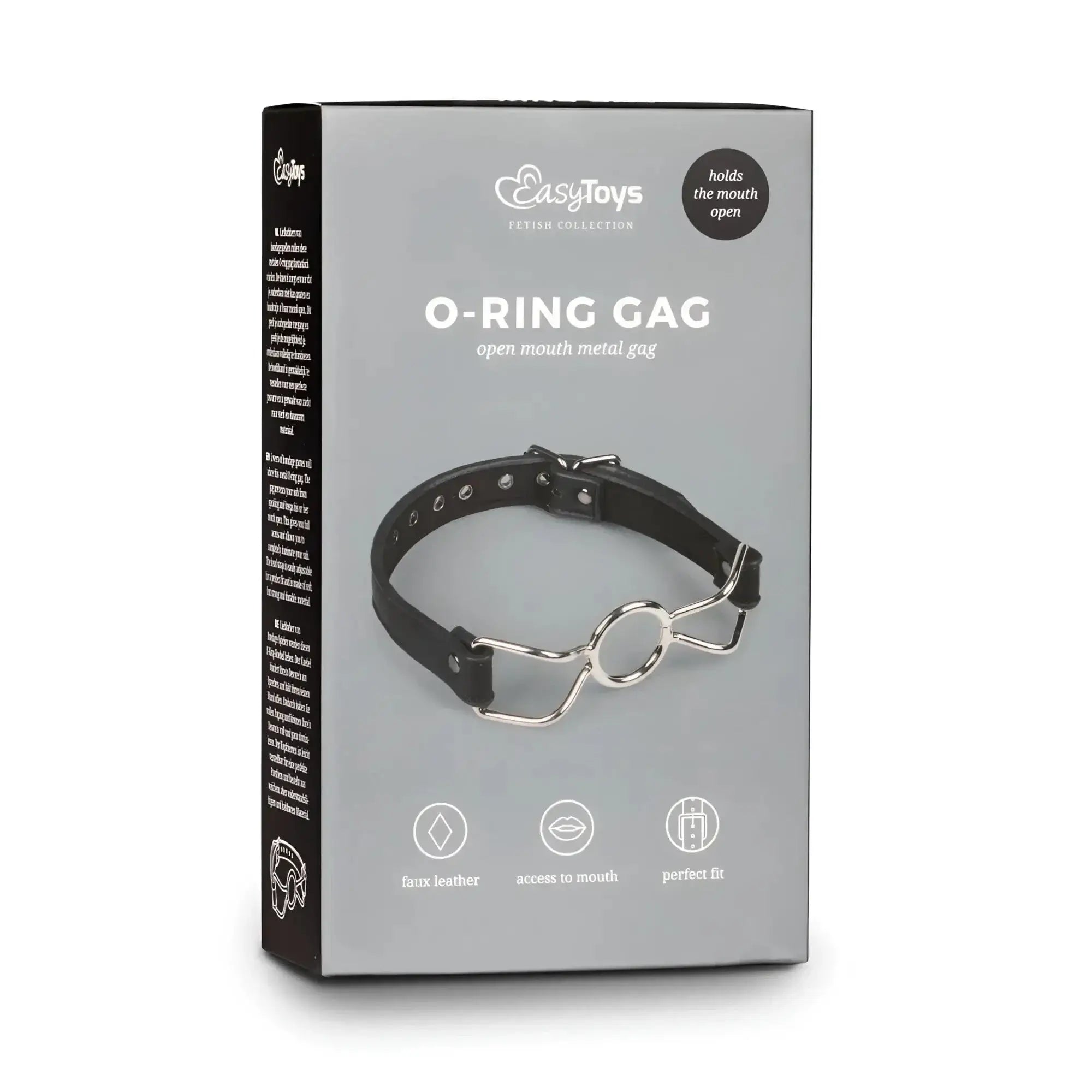 Black faux leather o-ring mouth gag with silver metal ring and adjustable strap from fetish collection metal o-ring gag