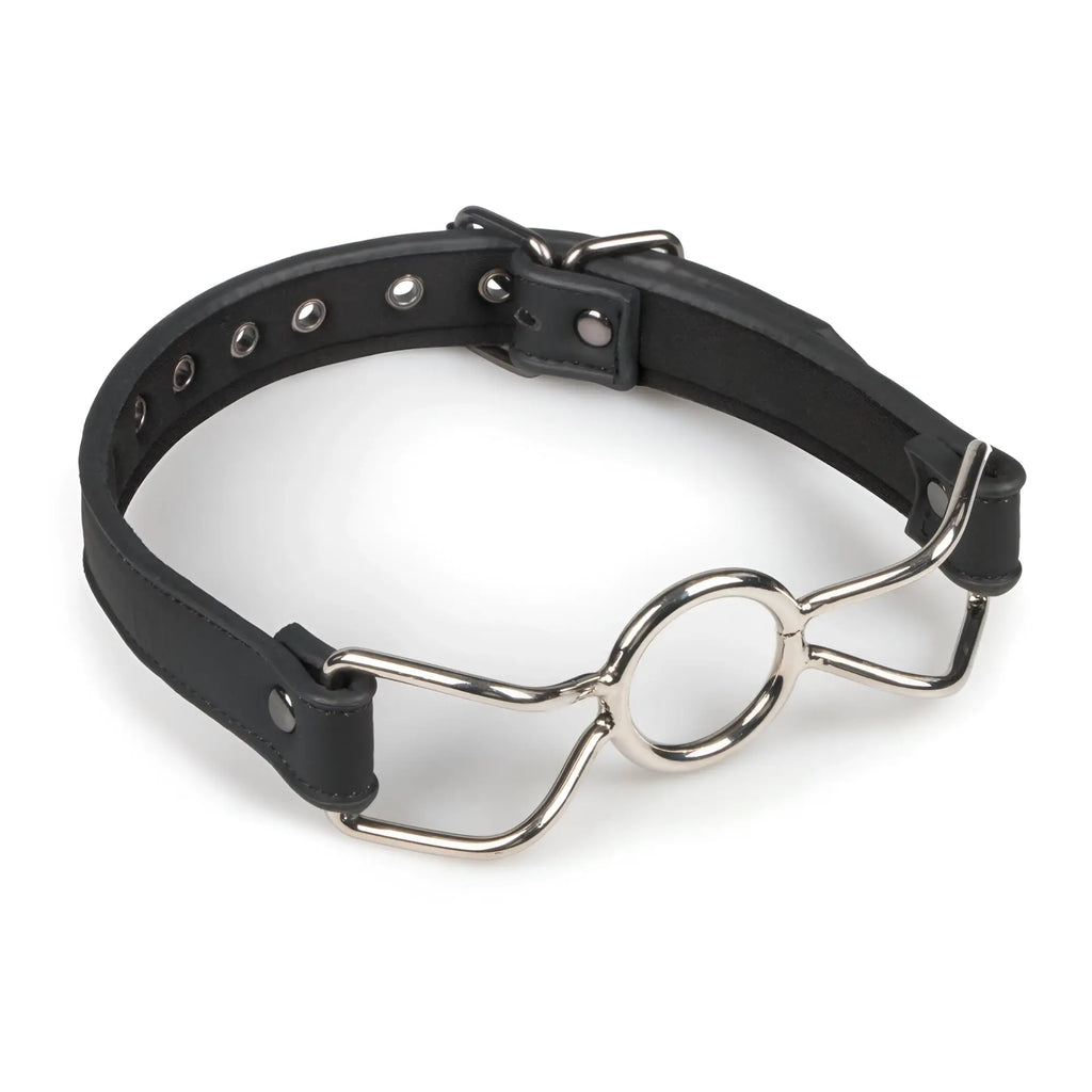 Fetish collection metal o-ring mouth gag with black leather adjustable strap and silver-toned metal mouthpiece