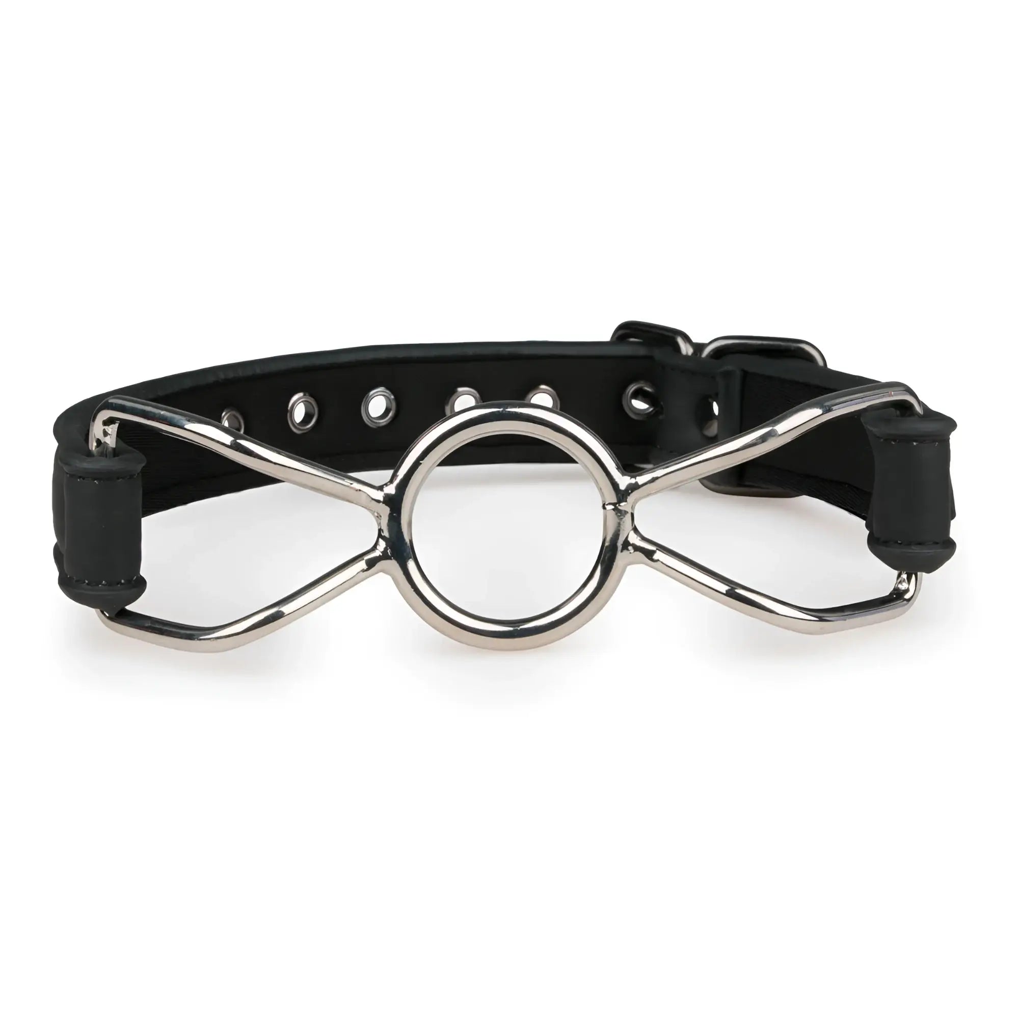 Black leather strap metal o-ring mouth gag with silver infinity symbol from fetish collection for bondage play
