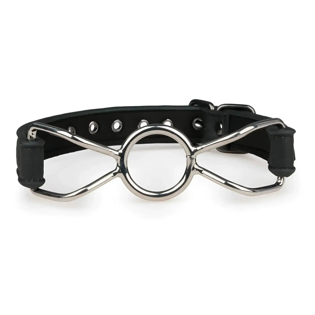 Black leather strap metal o-ring mouth gag with silver infinity symbol from fetish collection for bondage play