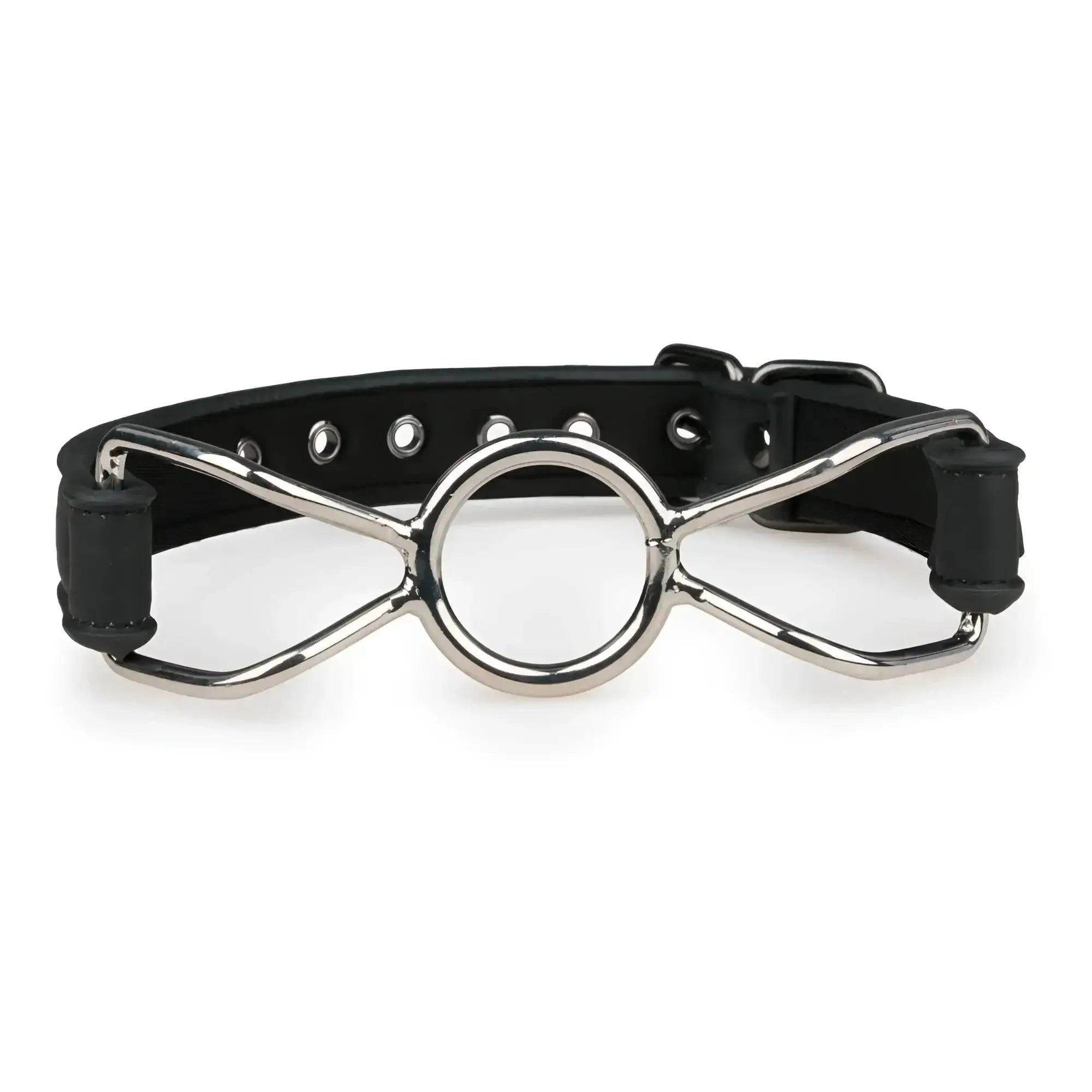 Black leather strap metal o-ring mouth gag with silver infinity symbol from fetish collection for bondage play