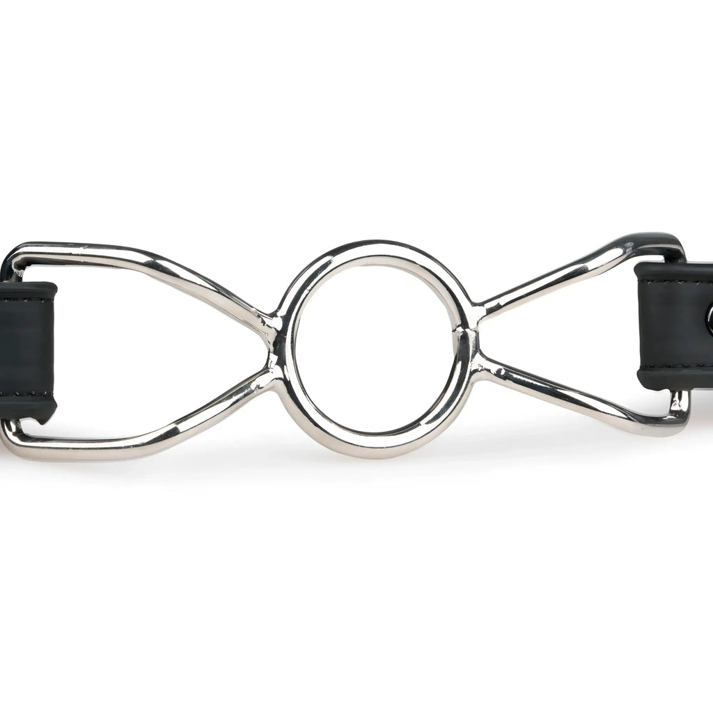 Fetish collection metal o-ring mouth gag with silver metal horsebit and black leather straps for fetish use