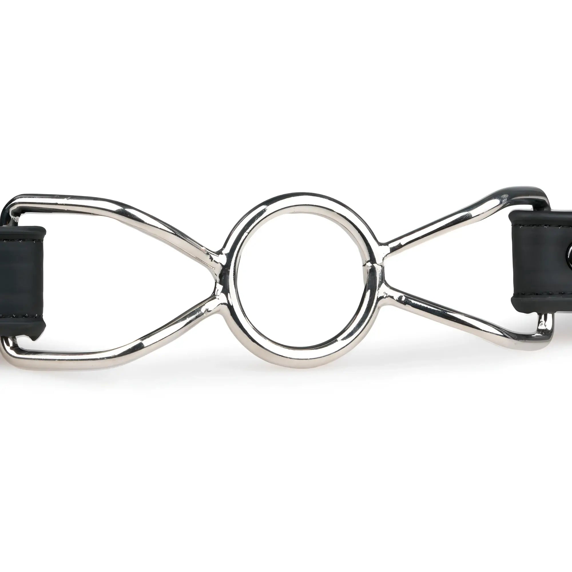 Fetish collection metal o-ring mouth gag with silver metal horsebit and black leather straps for fetish use