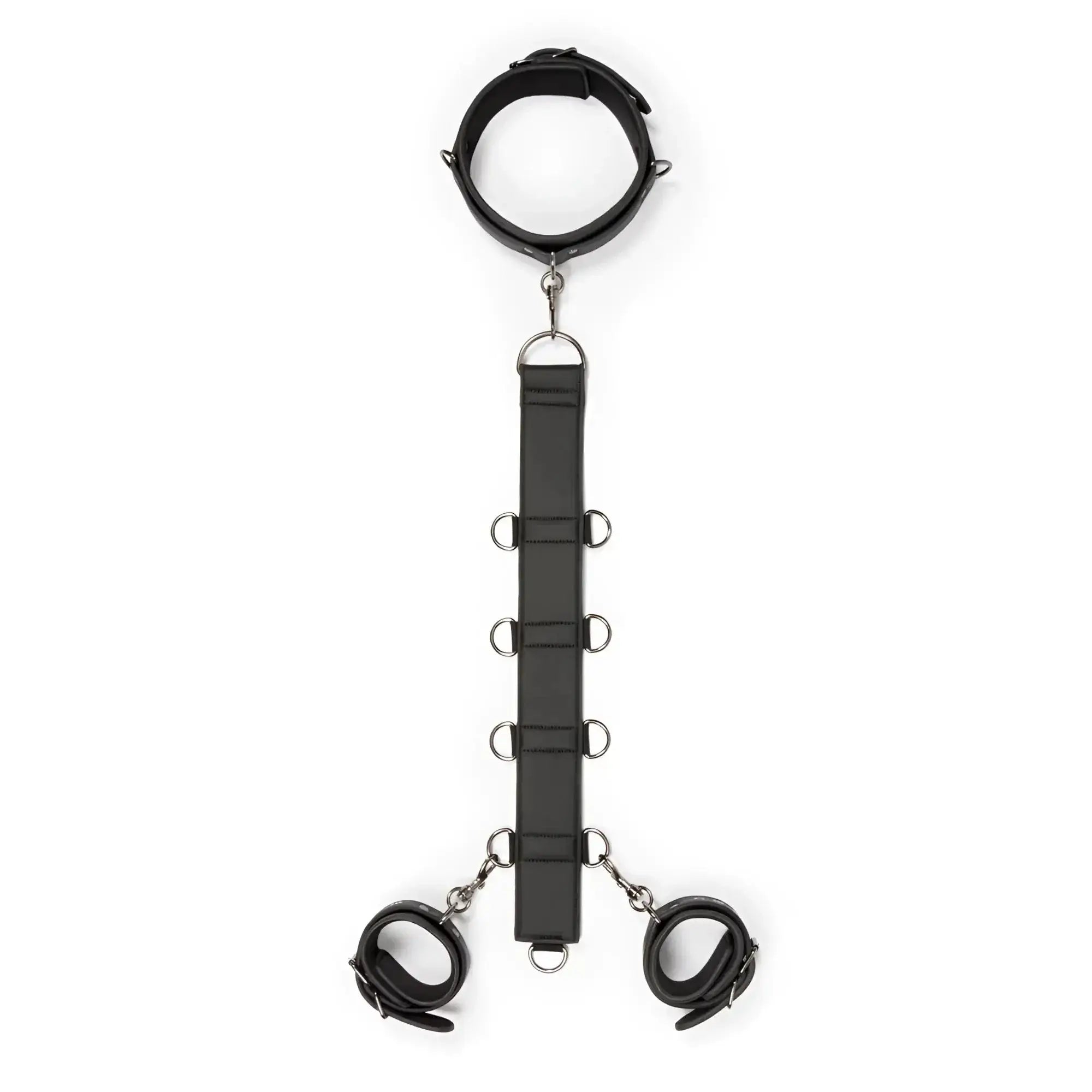 Black leather bondage restraint set with adjustable cuffs and metal rings from fetish collection for neck and wrist use