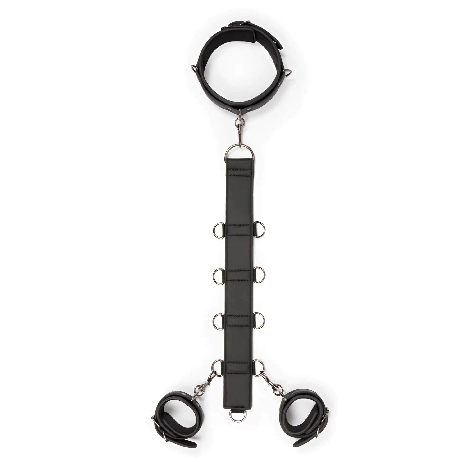 Black leather bondage restraint set with adjustable cuffs and metal rings from fetish collection for neck and wrist use