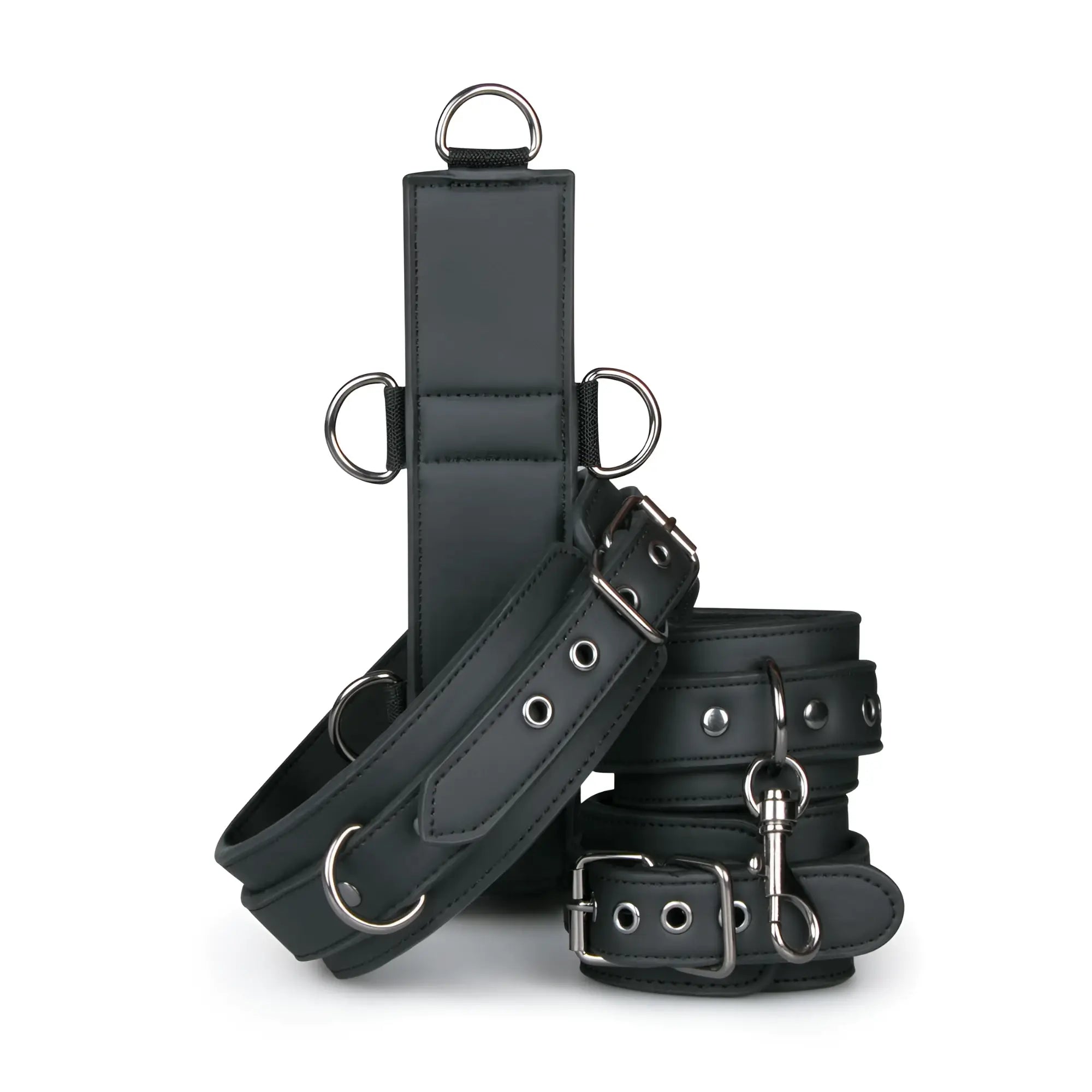 Black leather fetish collection neck and wrist restraint set with silver metal hardware and adjustable buckles