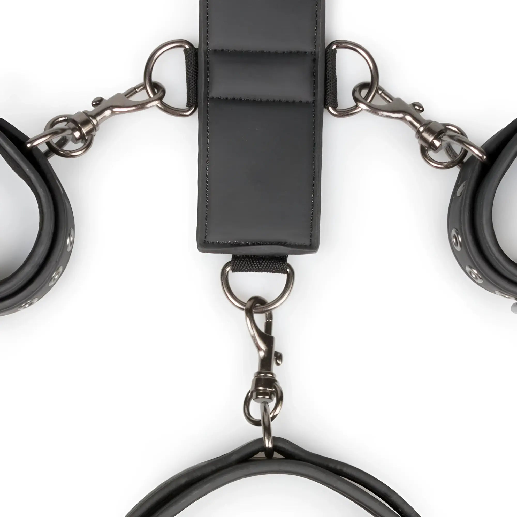 Black leather handcuffs with metal clasps and central strap from fetish collection neck and wrist restraint set
