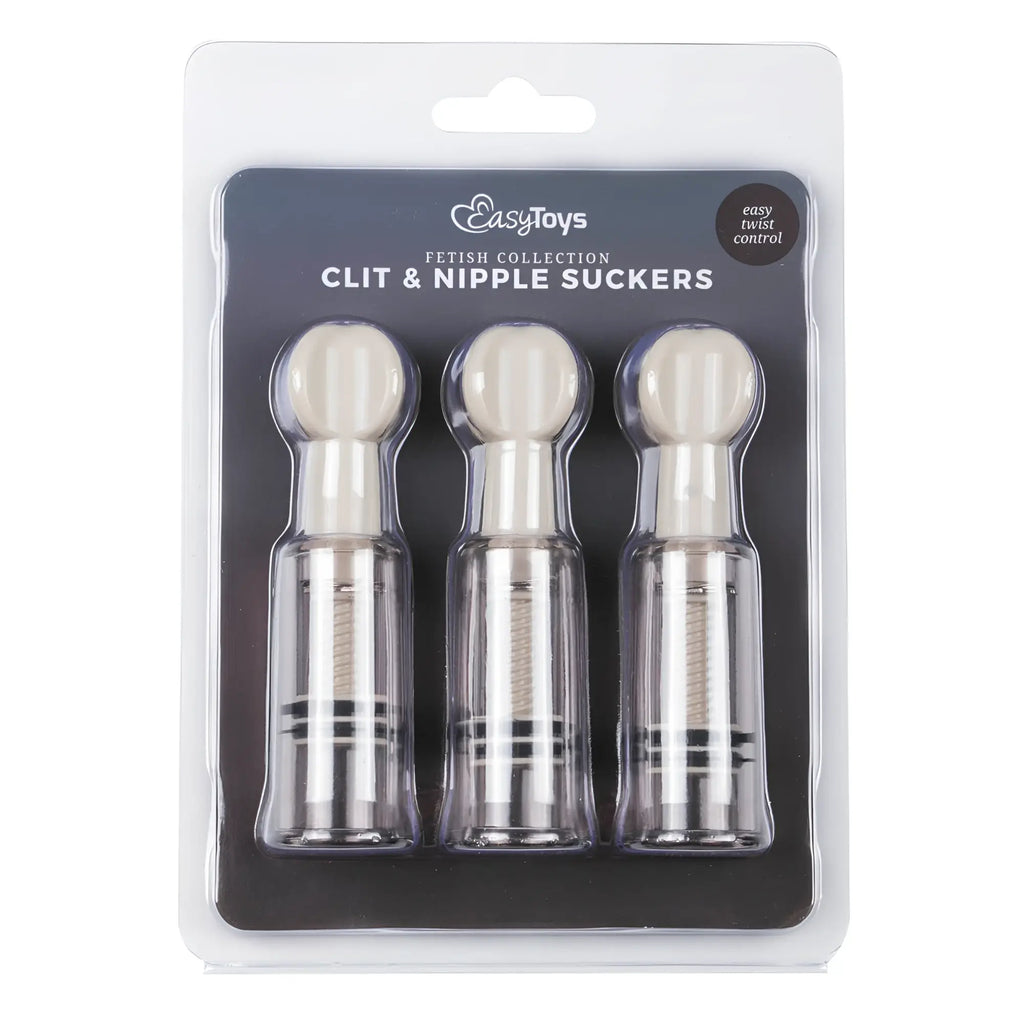 Fetish collection nipple and clit suckers three transparent plastic suckers with white rounded tops in clear blister pack