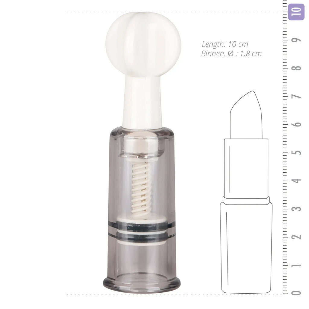 Transparent plastic breast pump with white spherical top and internal spiral mechanism in fetish collection nipple and clit suckers 3 pc