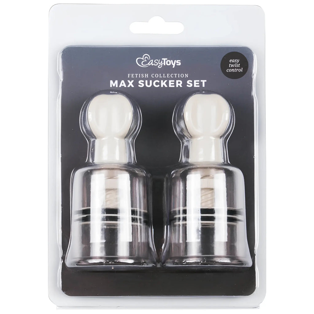 Clear plastic large nipple and clit suckers with white silicone tops and black stripes in easytoys branded blister pack