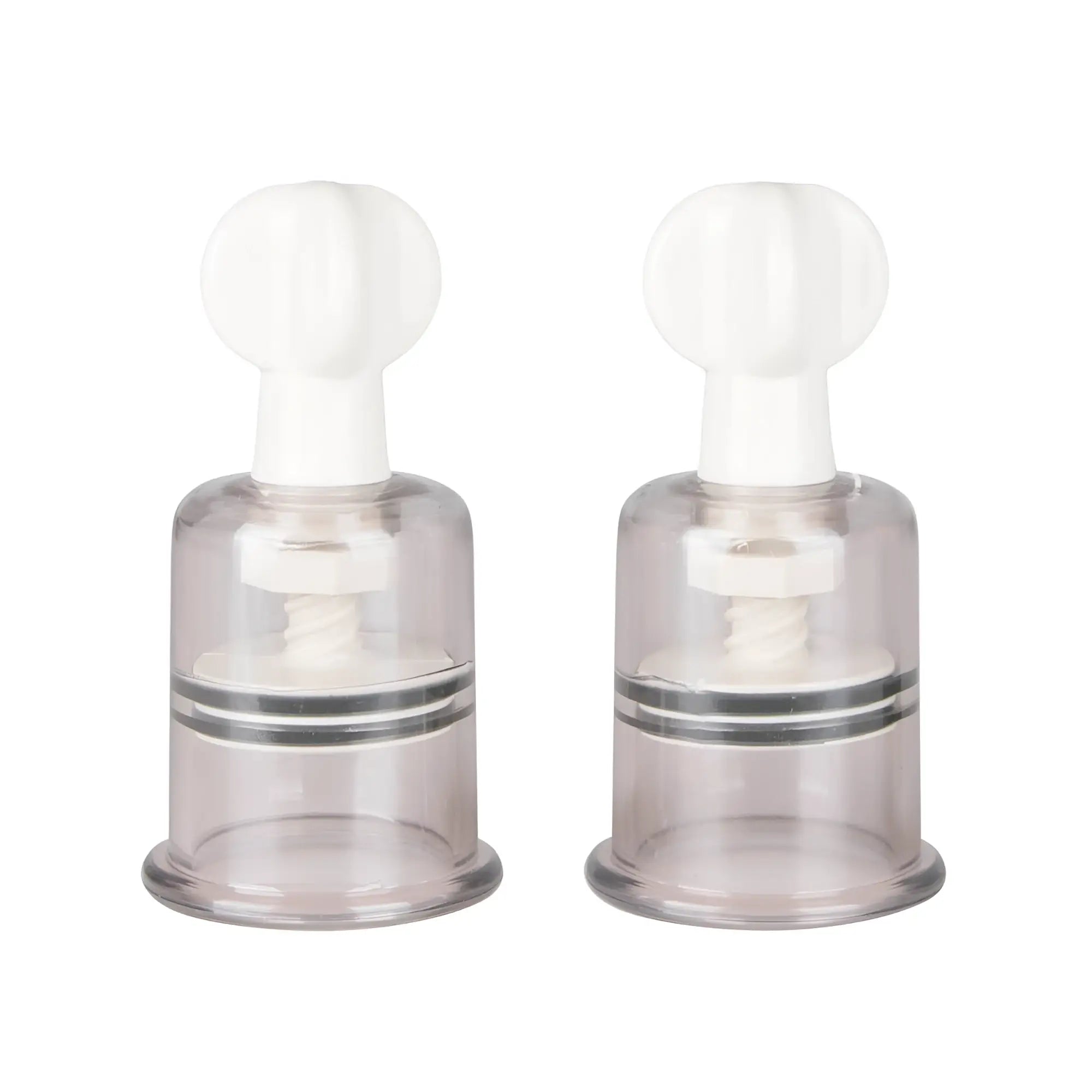 Transparent plastic breast suction cups with white silicone tops and silver rings from fetish collection large 2 pc set