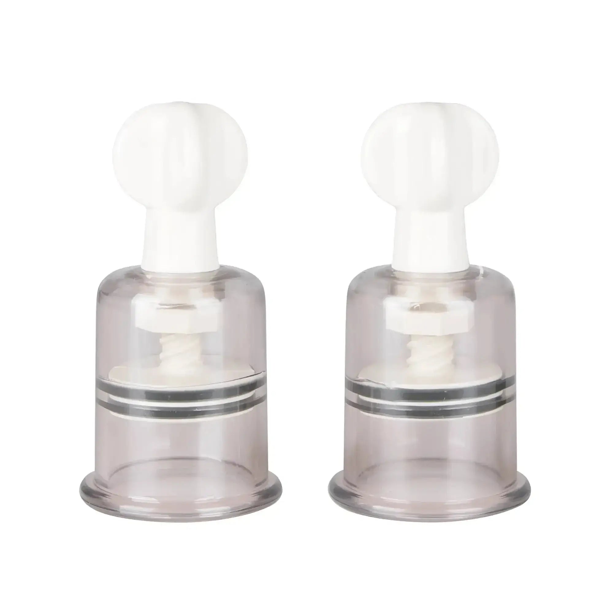 Transparent plastic breast suction cups with white silicone tops and silver rings from fetish collection large 2 pc set
