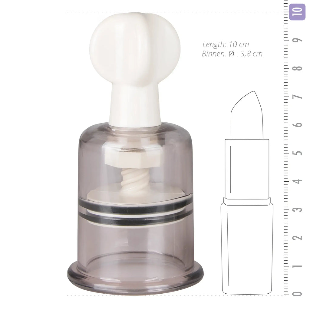 Transparent plastic lipstick-shaped nipple and clit sucker with white handle and black rings from Fetish Collection large 2 pc