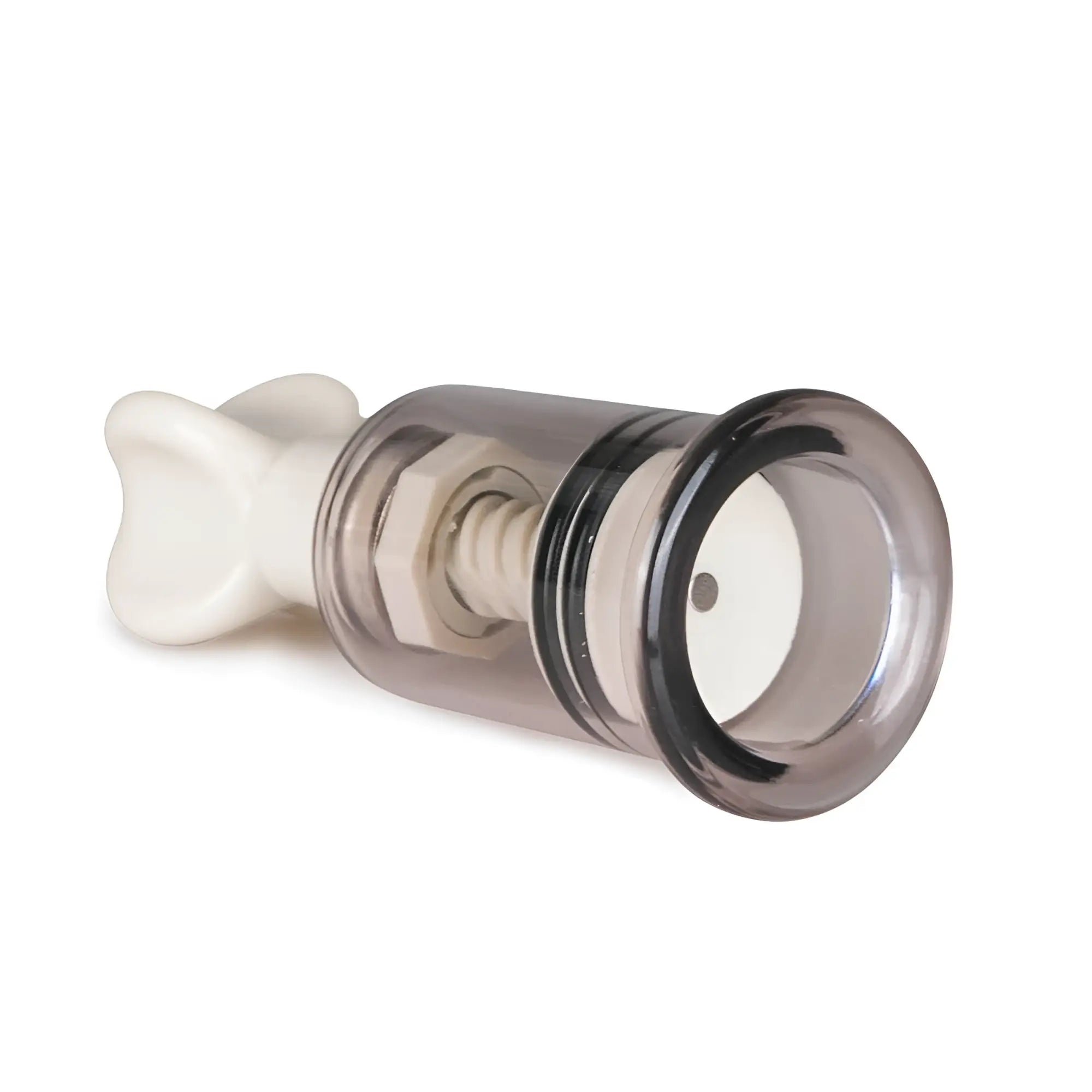 Transparent glass nipple and clit sucker with white plastic handle and internal mechanism medium size 2 pc set