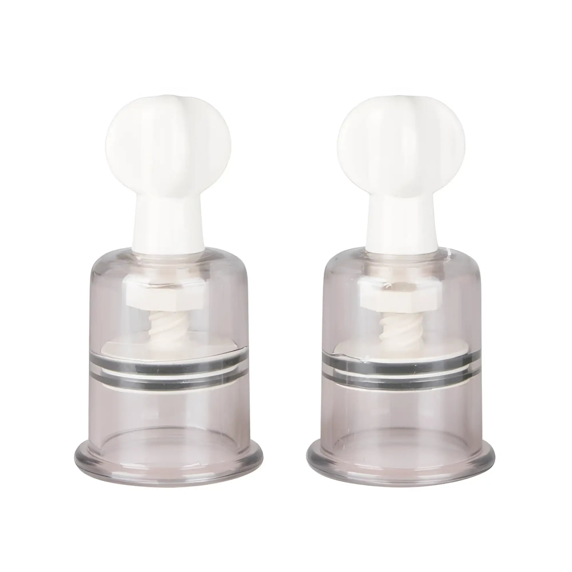 Transparent plastic breast pumps with white silicone tops and silver metallic rings from fetish collection medium 2 pc set