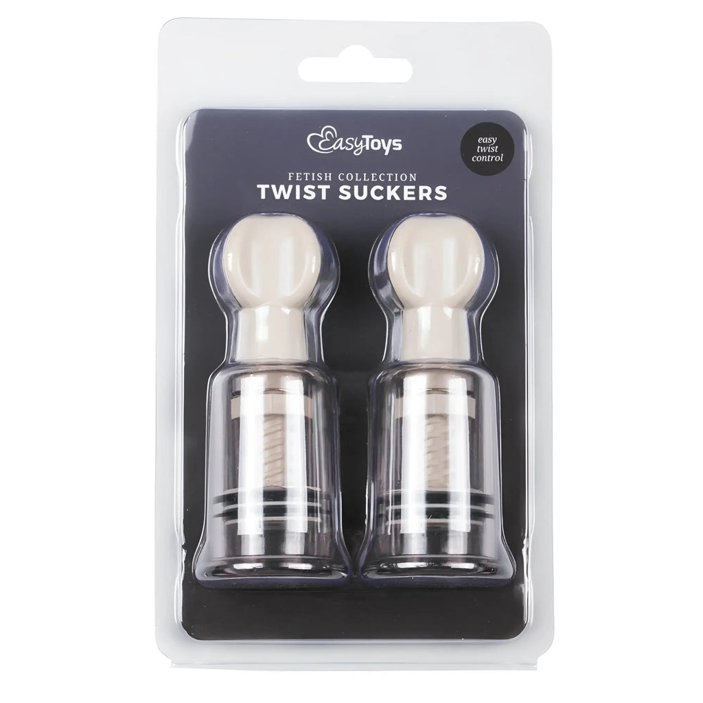 Two cream-colored plastic twist suckers with clear bodies and textured mechanisms in branded blister pack medium size