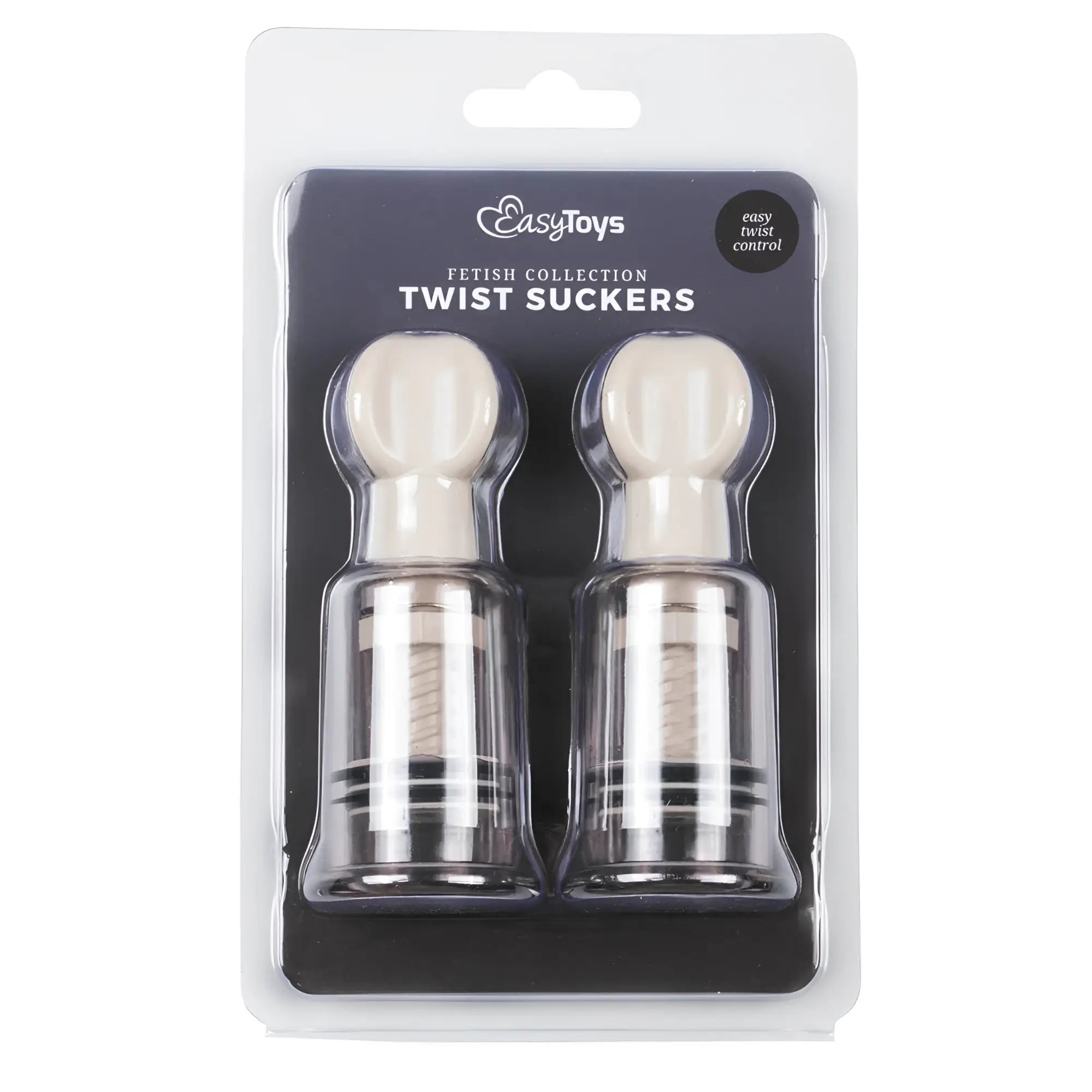 Two cream-colored plastic twist suckers with clear bodies and textured mechanisms in branded blister pack medium size