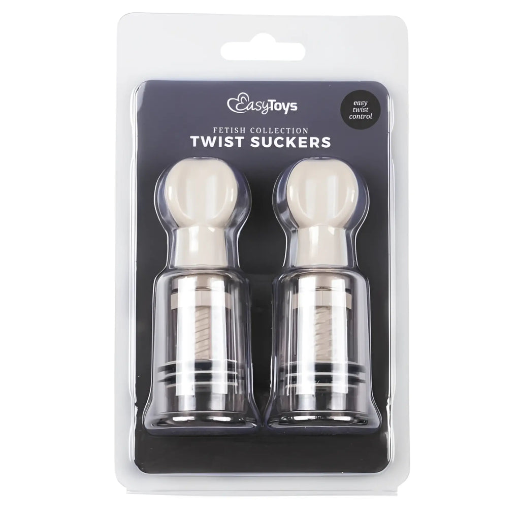 A pair of white and clear plastic small twist nipple and clit suckers in easytoys packaging from the fetish collection