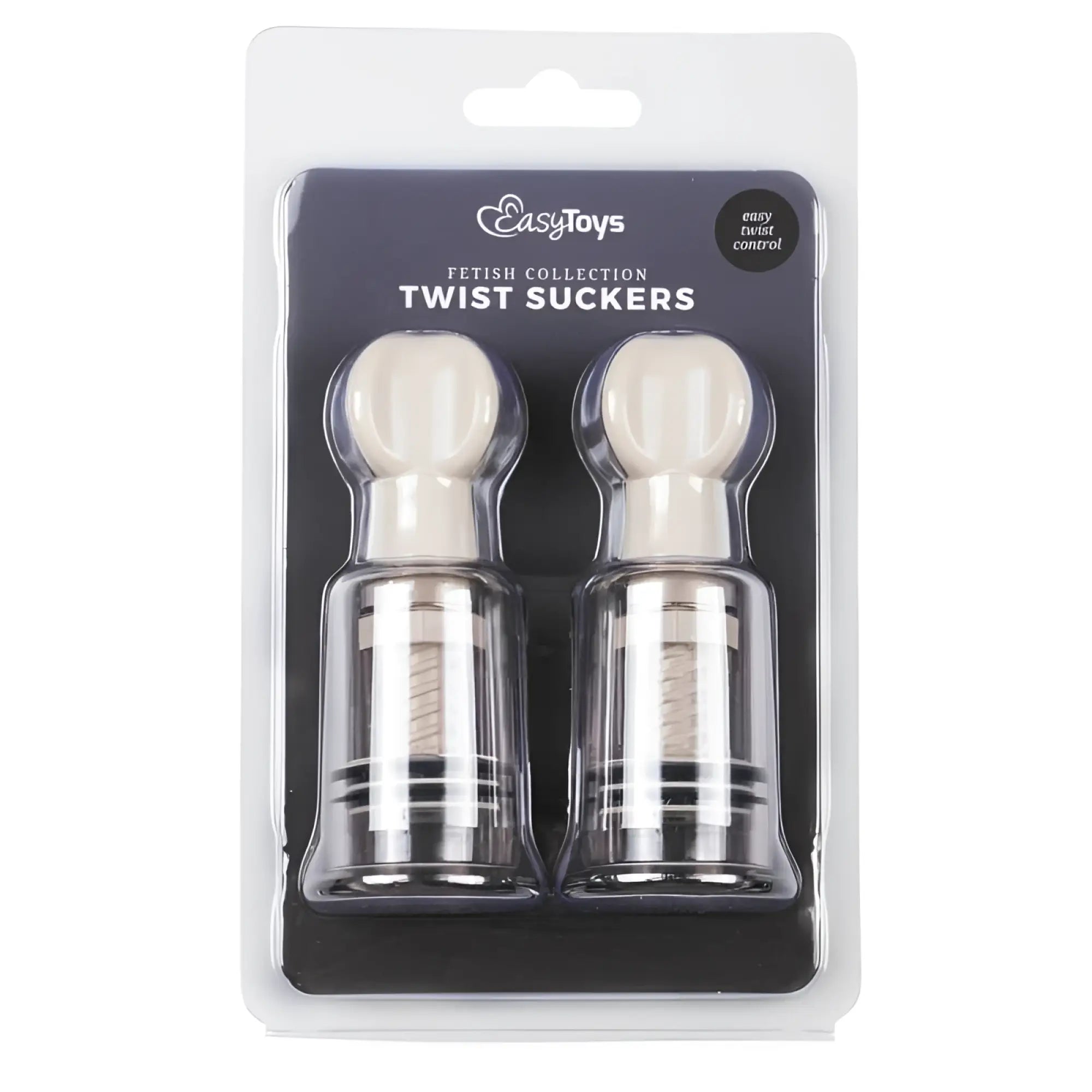 A pair of white and clear plastic small twist nipple and clit suckers in easytoys packaging from the fetish collection