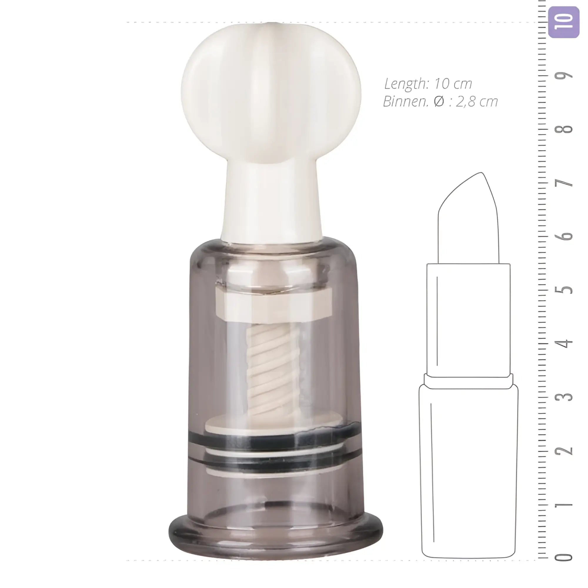 Transparent plastic breast pump with white rounded top and internal spiral mechanism from fetish collection nipple and clit suckers small 2 pc