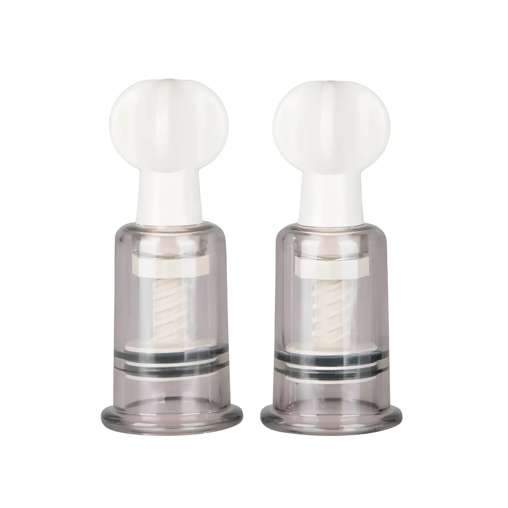 Transparent plastic fetish collection nipple and clit suckers small 2 pc with white spherical tops and spiral mechanisms