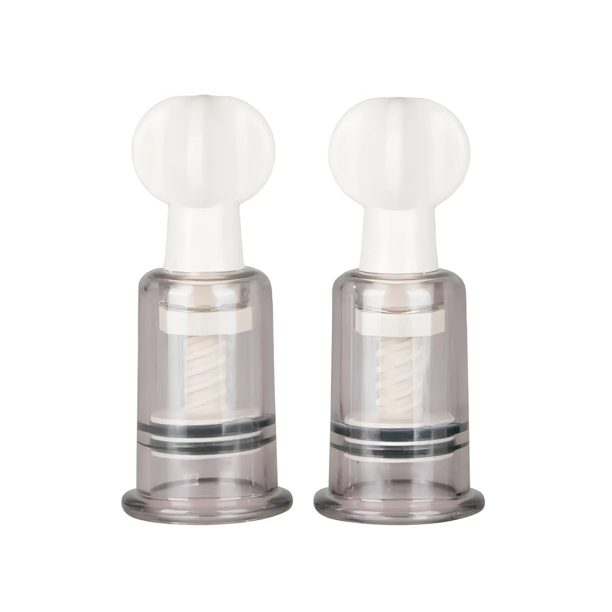 Transparent plastic fetish collection nipple and clit suckers small 2 pc with white spherical tops and spiral mechanisms