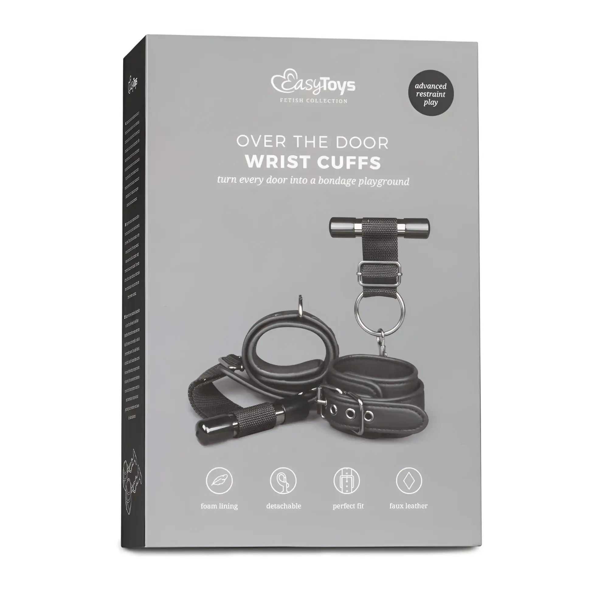 Black faux leather wrist cuffs with metal t-bar and adjustable straps for over the door bondage play from fetish collection