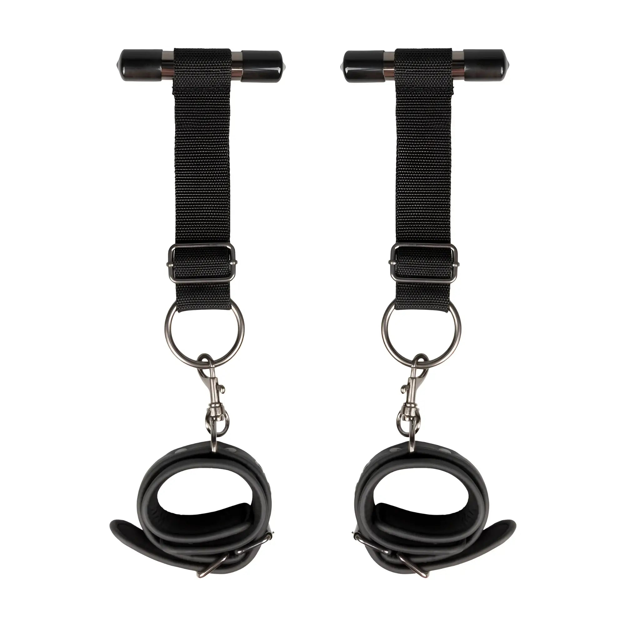 Black leather ankle cuffs from fetish collection with metal hardware and adjustable straps for bondage play