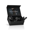 Black leather bondage kit with over the door wrist cuffs in a sleek black box from fetish collection